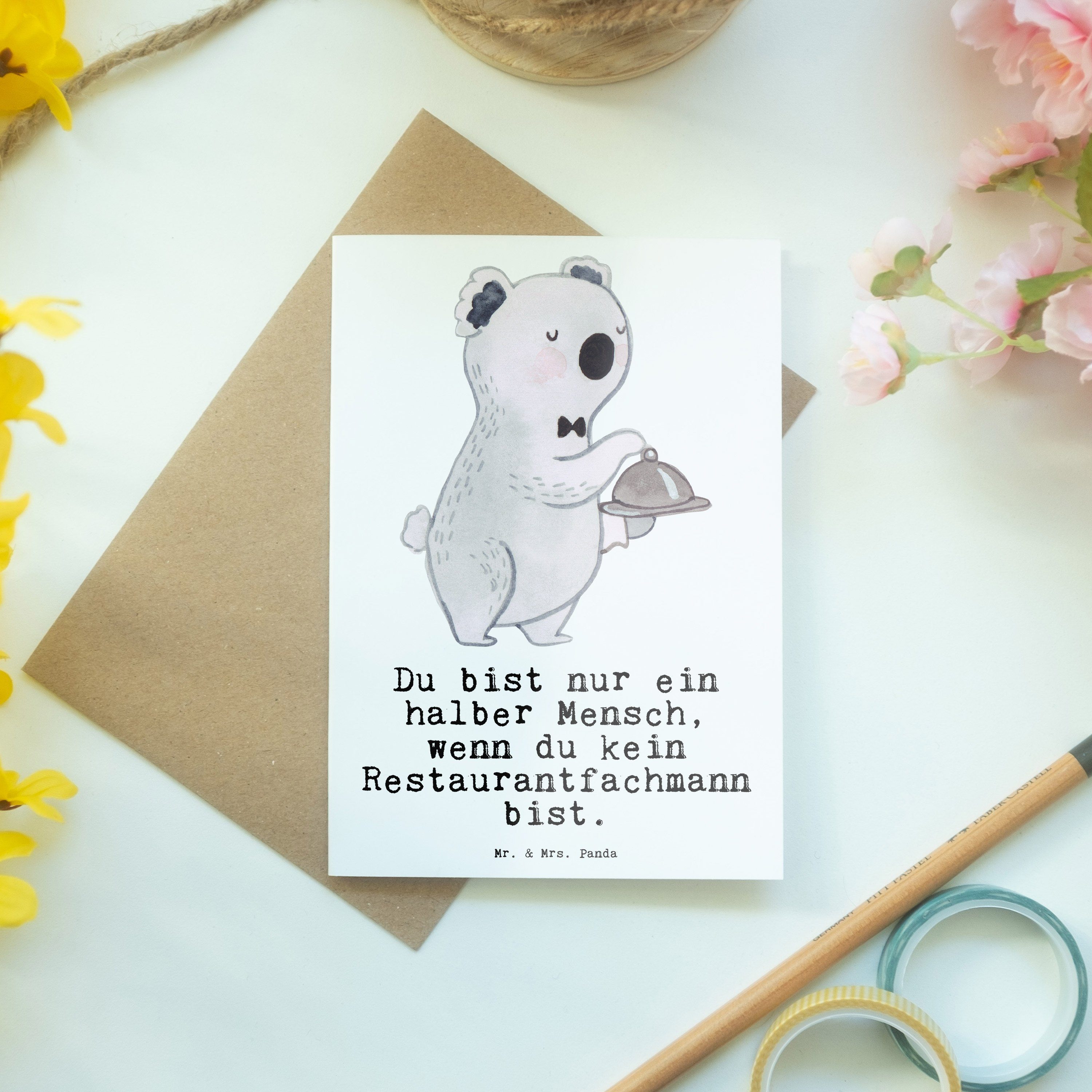 Mr. & Mrs. Panda Grußkarte mit Herz - Hochzeitsk - Dankeschön, Restaurantfachmann Geschenk, Weiß