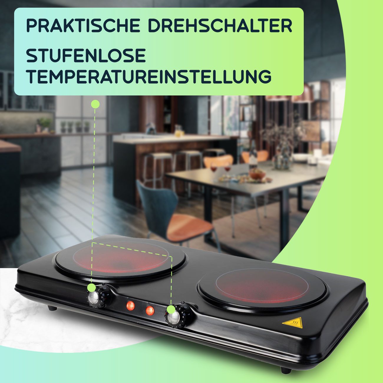 Casativo Doppelkochplatte aus Glaskeramik 2 Infrarot Elektro Kochfelder 2000W tragbar, Kochfeld 1 - Ø 16,4 cm & 800 Watt, Kochfeld 2 - Ø 18,8 cm & 1200 Watt