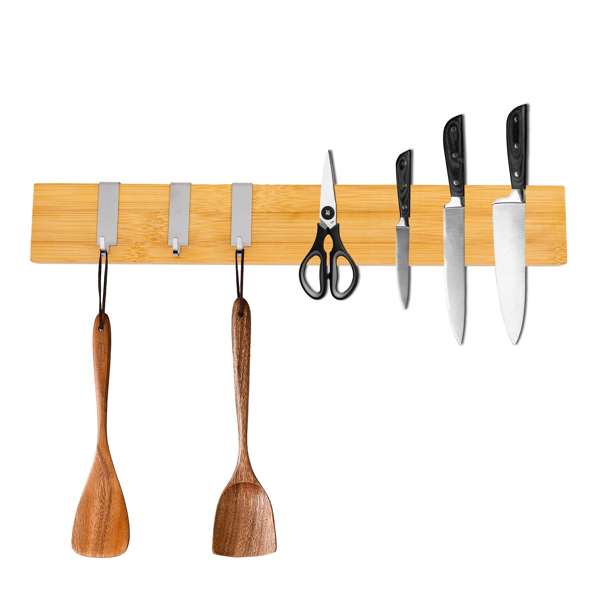 PROREGAL® Wand-Magnet Messerhalter Messerhalter aus Bambus 6,2x2,1x40cm Inkl. 3 silberne Haken Bambus