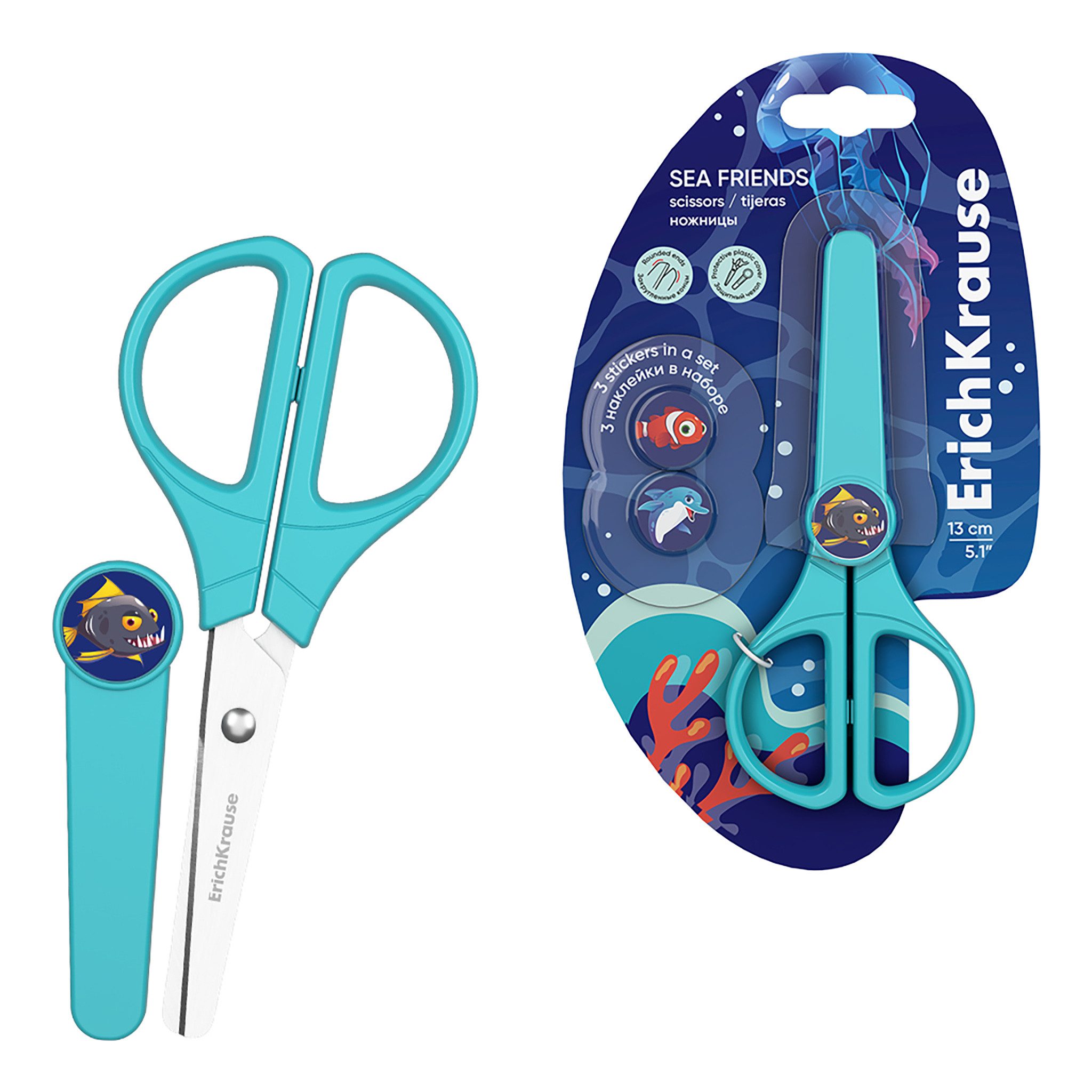 Erich Krause Papierscheren, Kinderschere Sea Friends 13cm mit Schutzkappe abgerundete Spitzen Blau