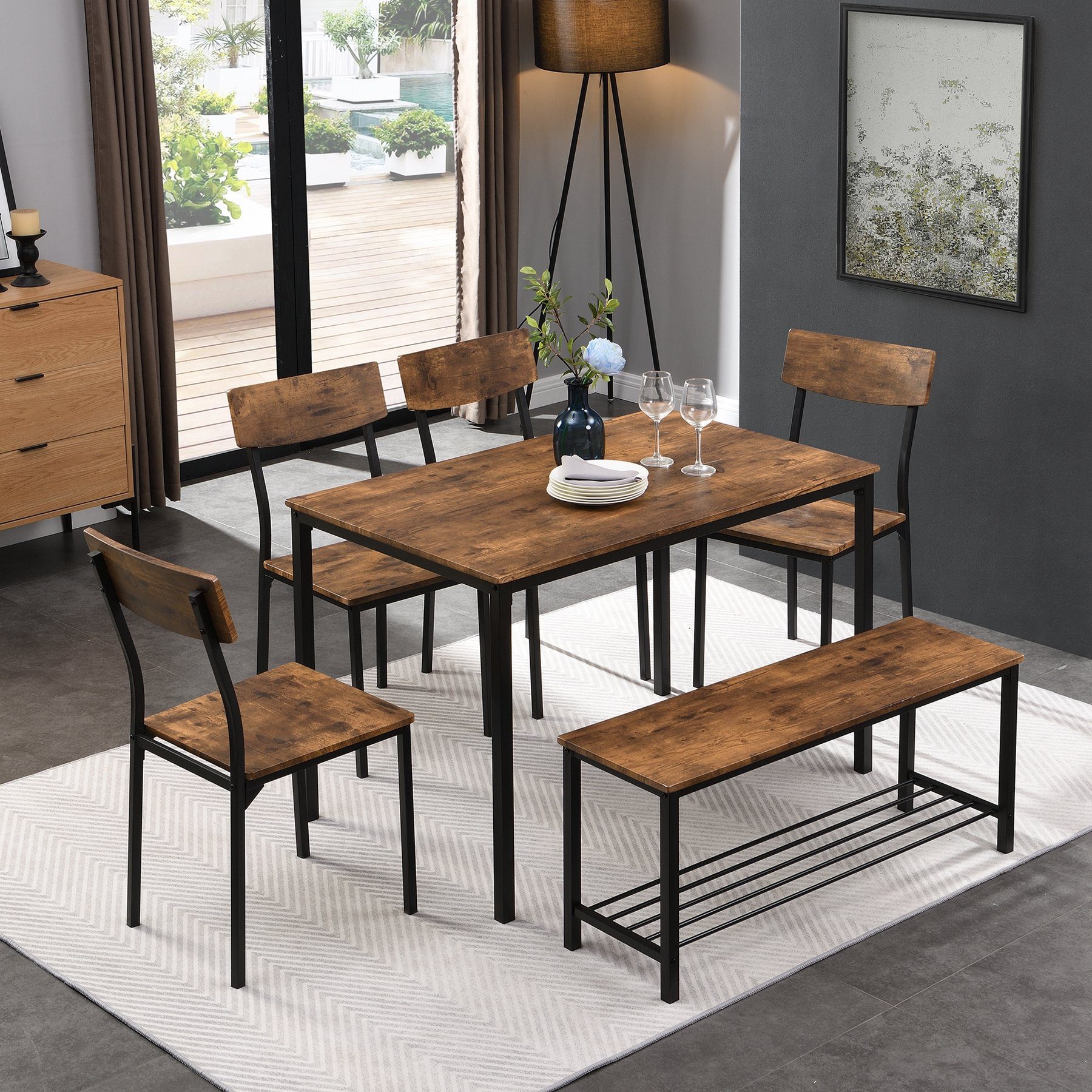 Celya Esszimmerstuhl Esstisch Stuhl und Bank Set 6 Holz Stahlrahmen,Küche Esstisch Set, 1*Tisch+4*Stühle+1*Schemel, Industrie Stil
