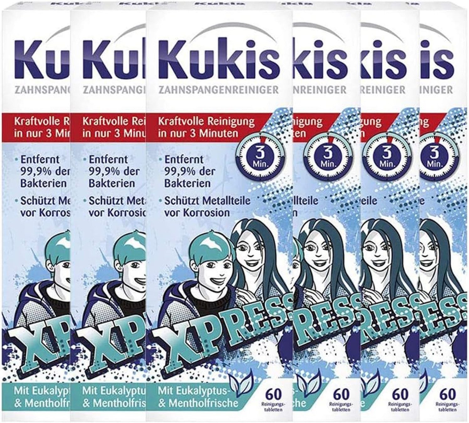 Kukident Kukis Zahnspangenreiniger (6 x 60 St) Reinigungstabletten (Spar-Pack, [360-St. Entfernt 99,9% der Bakterien - mit Eukalyptus- & Mentholfrische)
