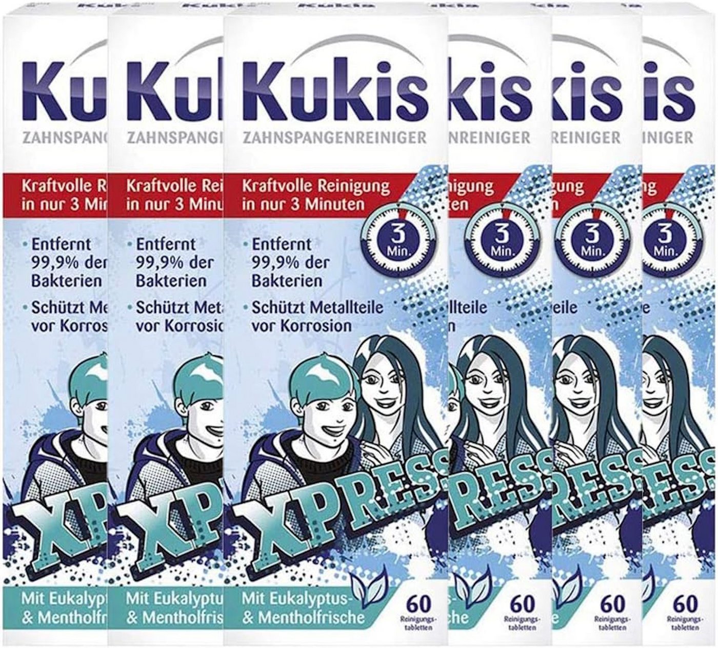 Kukident Kukis Zahnspangenreiniger (6 x 60 St) Reinigungstabletten (Spar-Pack, [360-St. Entfernt 99,9% der Bakterien - mit Eukalyptus- & Mentholfrische)