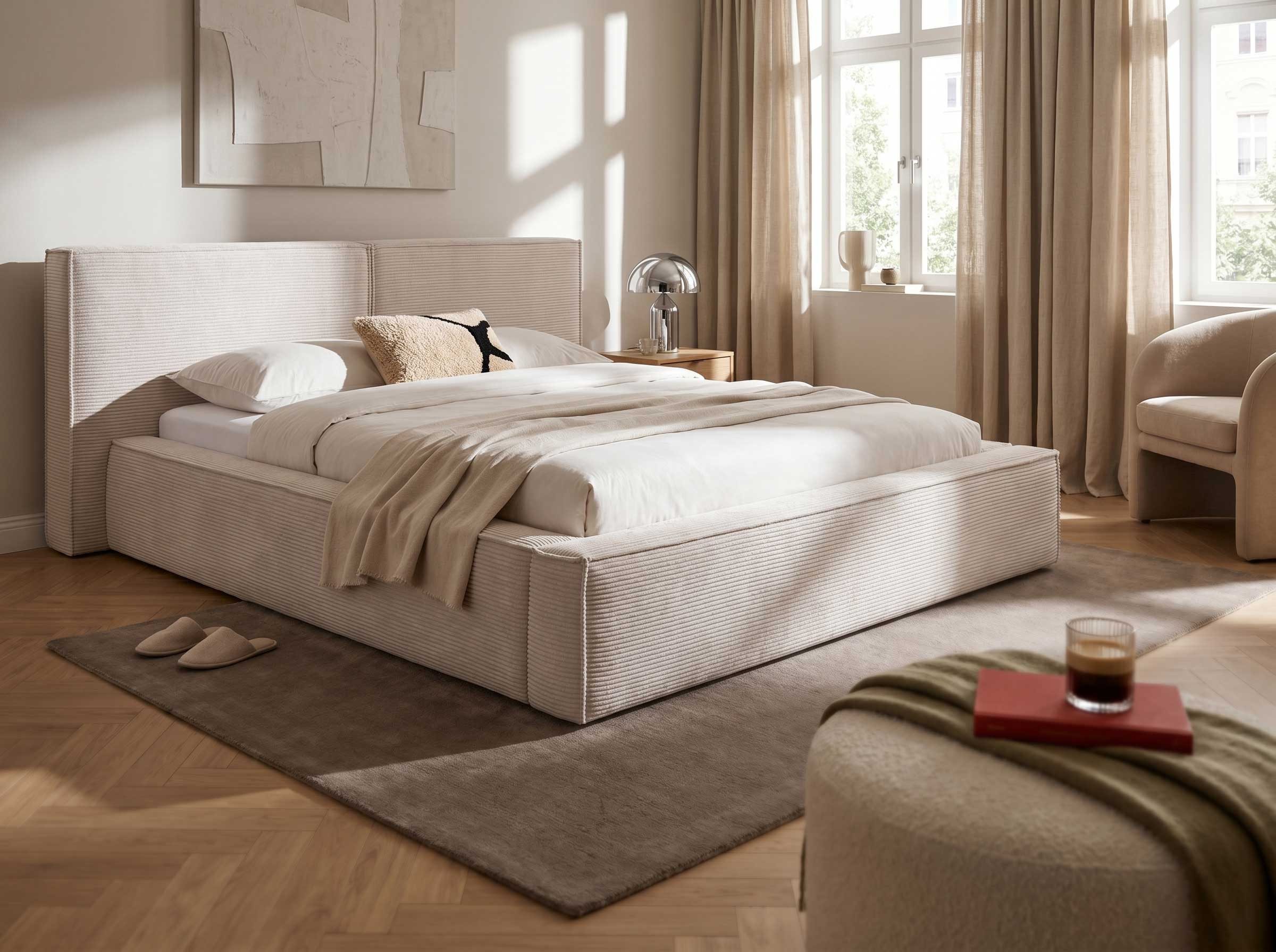 wonello Polsterbett Jodie XL, Bett mit Bettkasten und Lattenrost – wahlweise Samt- oder Cordstoff
