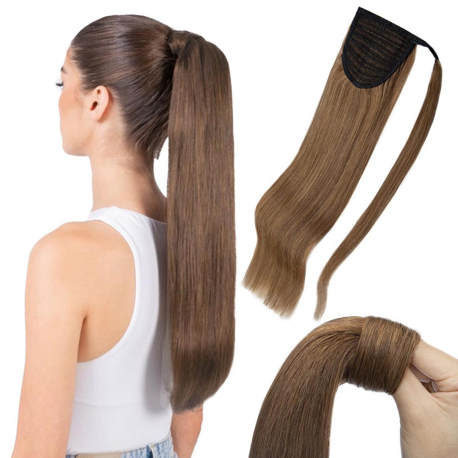 LuxusKollektion Echthaar-Extension Haarverlängerung Ponytail Echthaar Zopf 55 cm-95g 06 Hellbraun