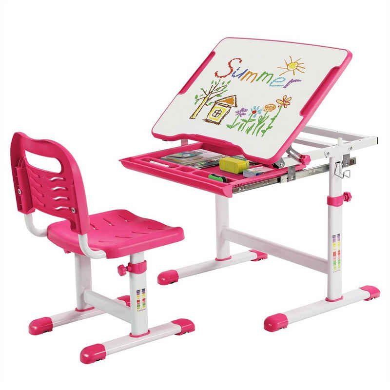 COSTWAY Kinderschreibtisch, mit Stuhl, neigbare Tischplatte, höhenverstellbar