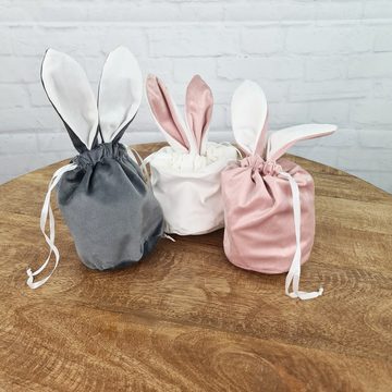 Macosa Home Osternest Oster-Geschenktasche Samt 3er Set Hasenohren Rosé. Weiß, Grau, Osterbeutel Geschenkbeutel Ostertasche