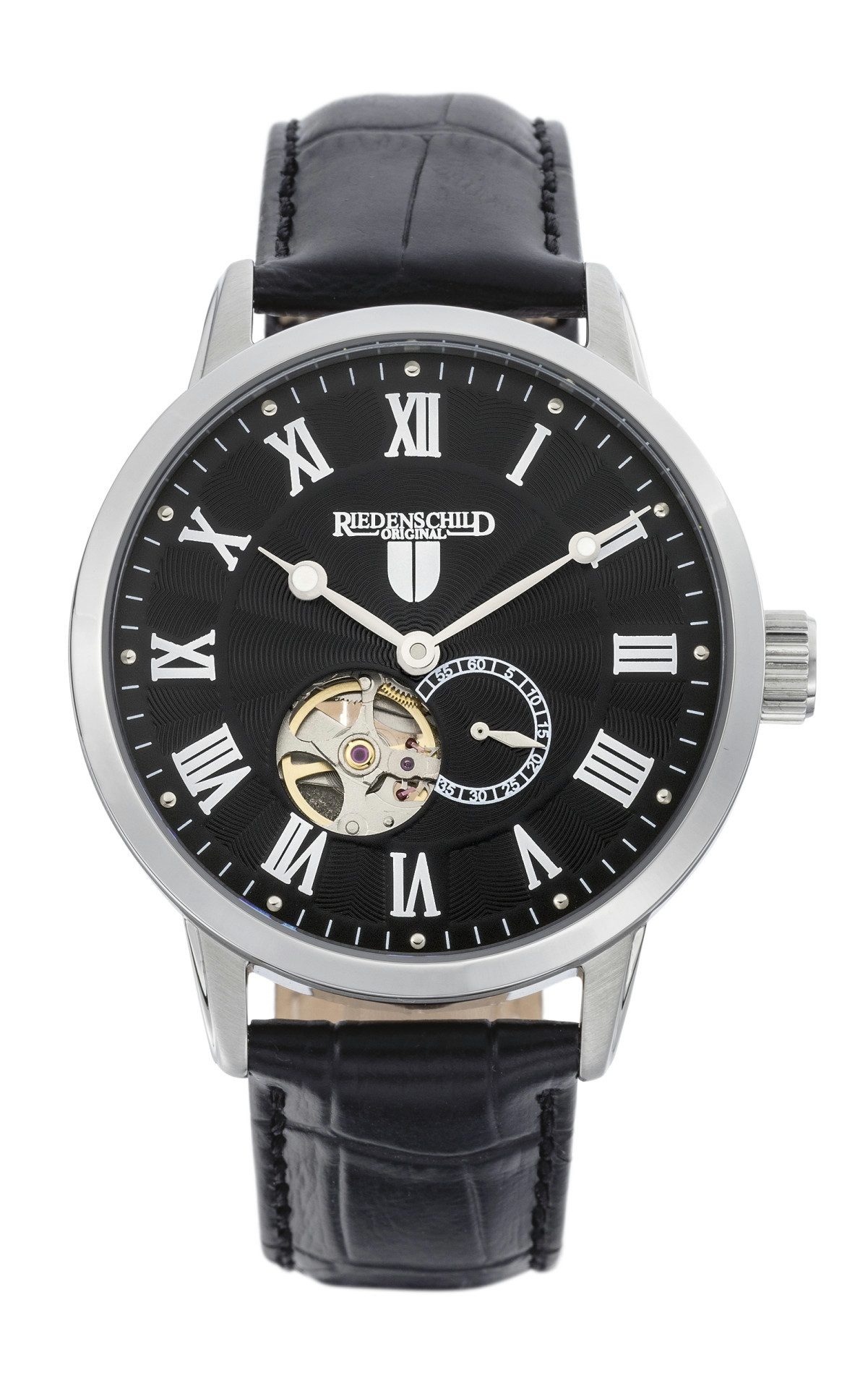 Automatikuhr Herrenuhr – 42 mm, offenes Herz, schwarzes Zifferblatt & Lederarmband RS7601-02