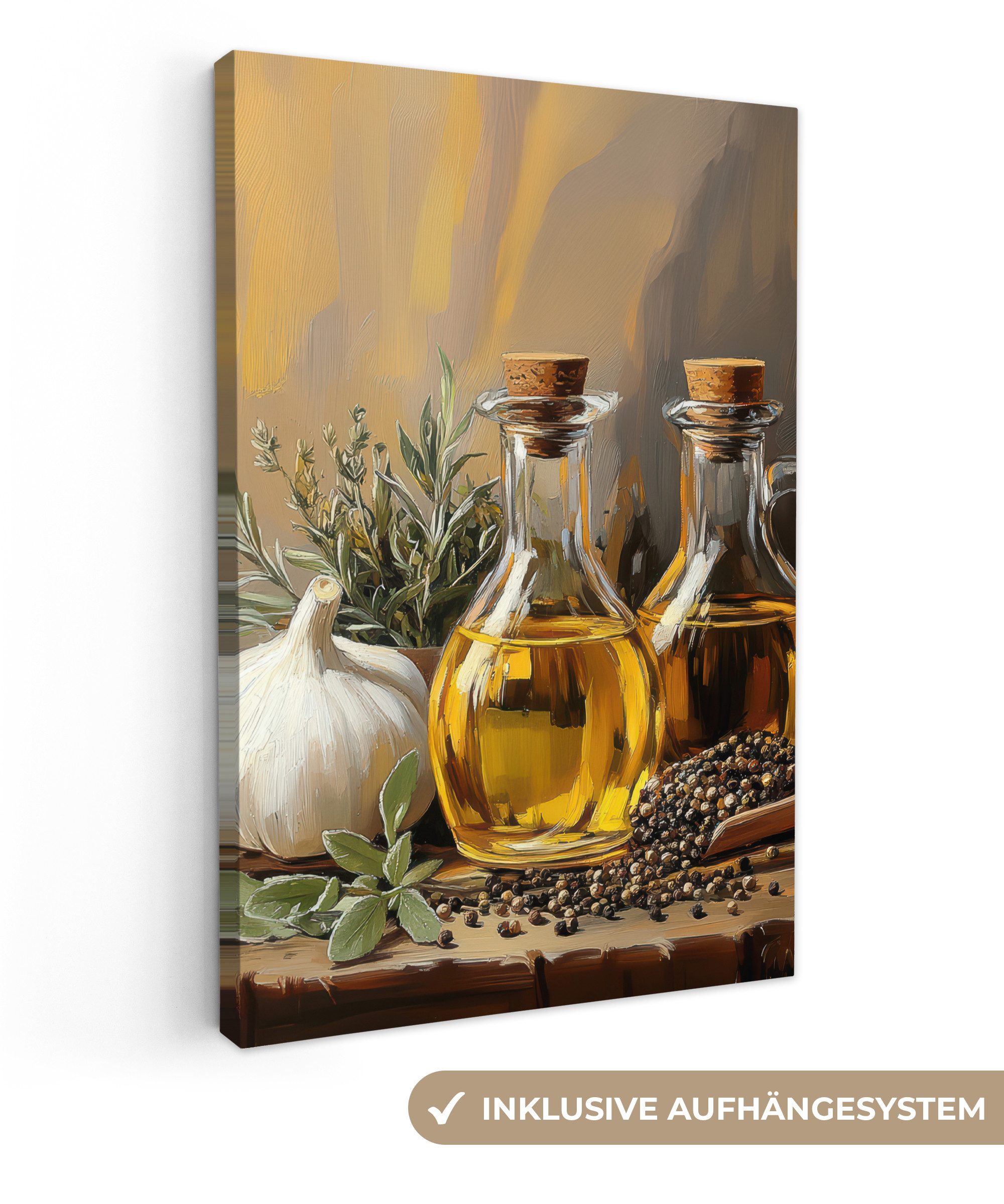 OneMillionCanvasses® Leinwandbild Stilleben - Olivenöl - Knoblauch - Kräute günstig online kaufen