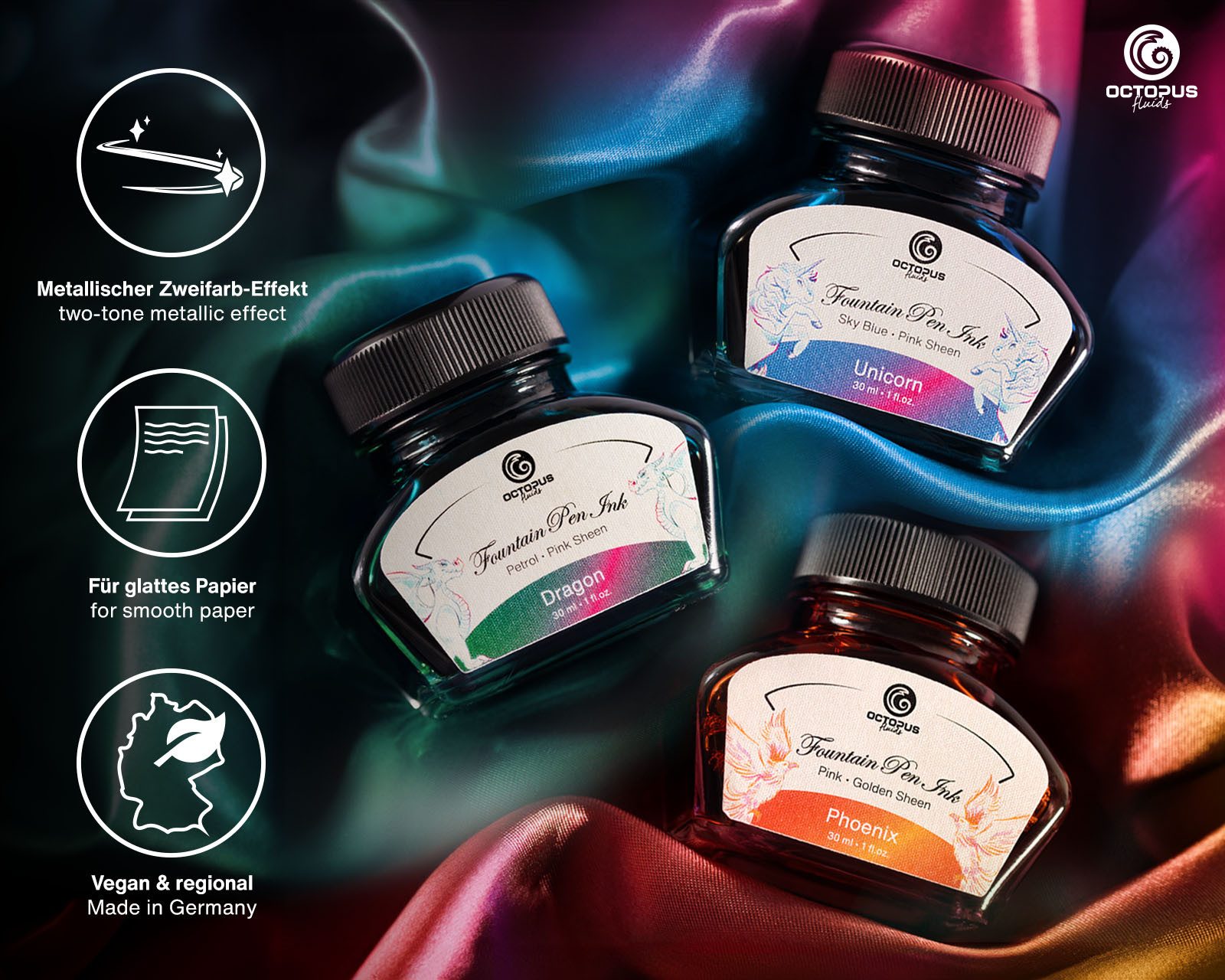 OCTOPUS Fluids 3 x 30ml Füllhaltertinte Sheen mit Konverter Tintenglas (0-tlg., inklusive Konverter)