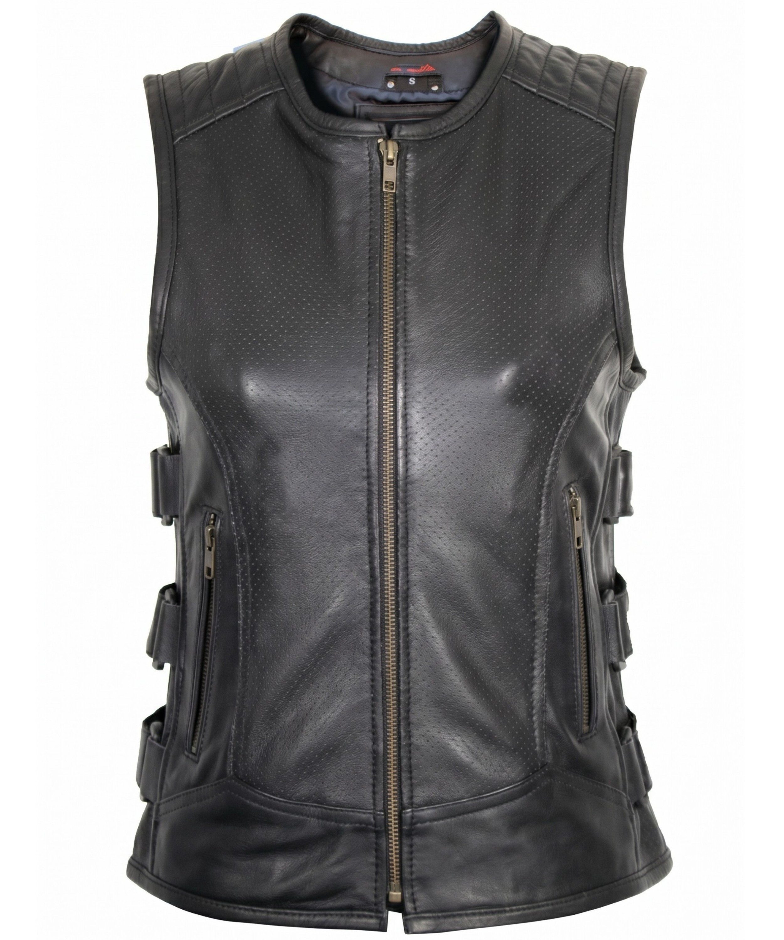 MDM Lederweste Damen Biker Lederweste Custom Kutte aus echtem Rindsleder perforiert gesteppten Schultern und seitlichen Klettverschlüssen