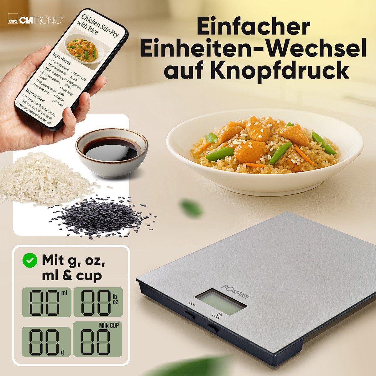 BOMANN Küchenwaage KW 6086 CB, Küchenwaage, 1gr. Schritte, Tara Funktion