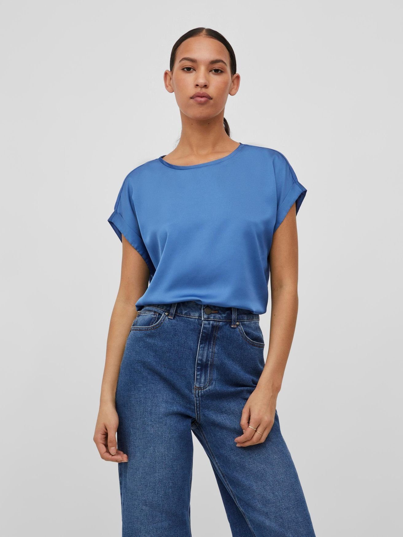 VIELLETTE Kurzarm in Vila Satain T-Shirt Blau 4599 Glänzend Basic Top Blusen T-Shirt