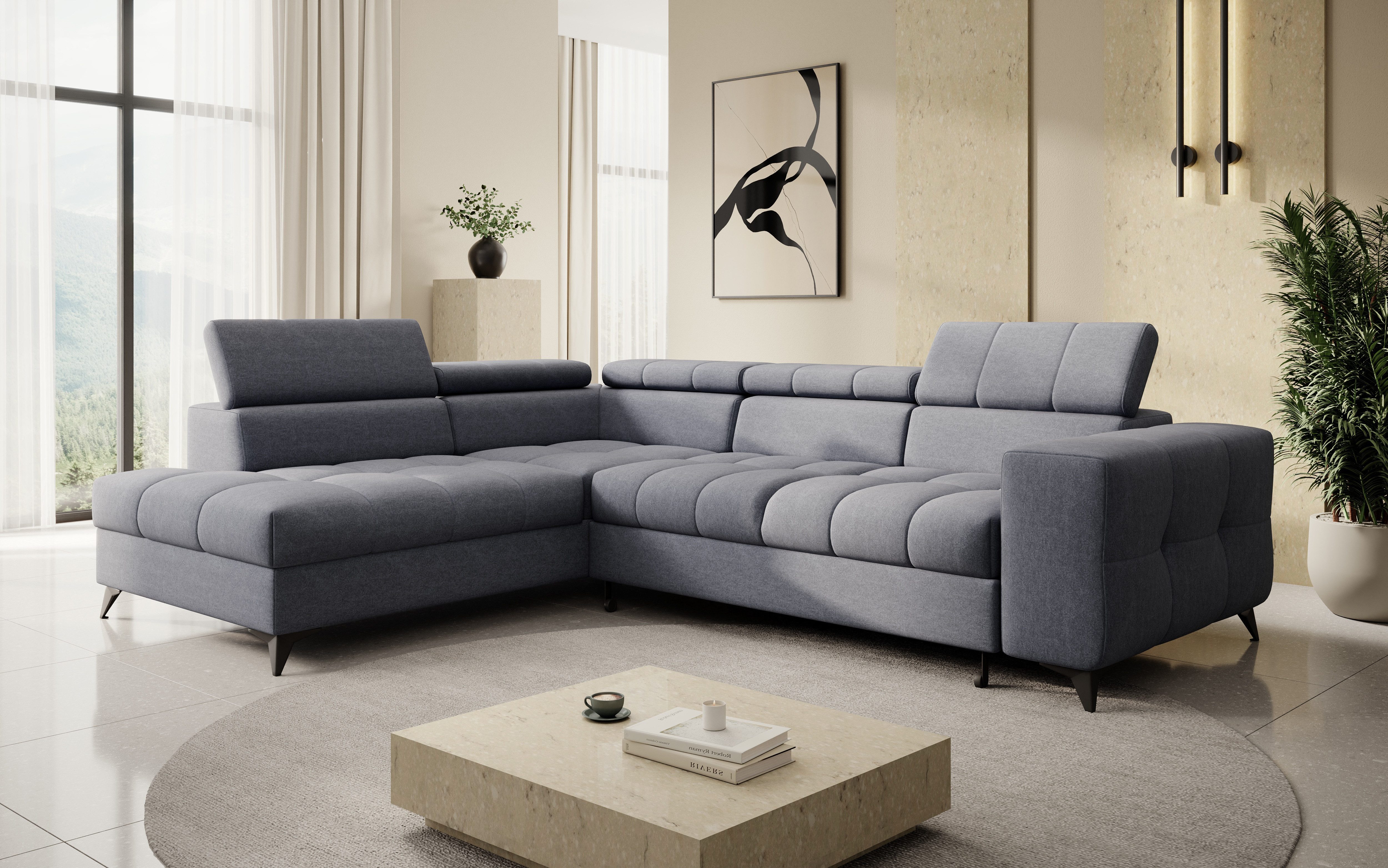 thematys Ecksofa SORANO mit Schlaffunktion & Bettkasten – L-Form, Bouclé und Velours, - mit verstellbaren Kopfstützen, – L-Form 270×203 cm – Schlafsofa mit Auszug, – L-Form 270×203 cm – Schlafsofa mit Auszug