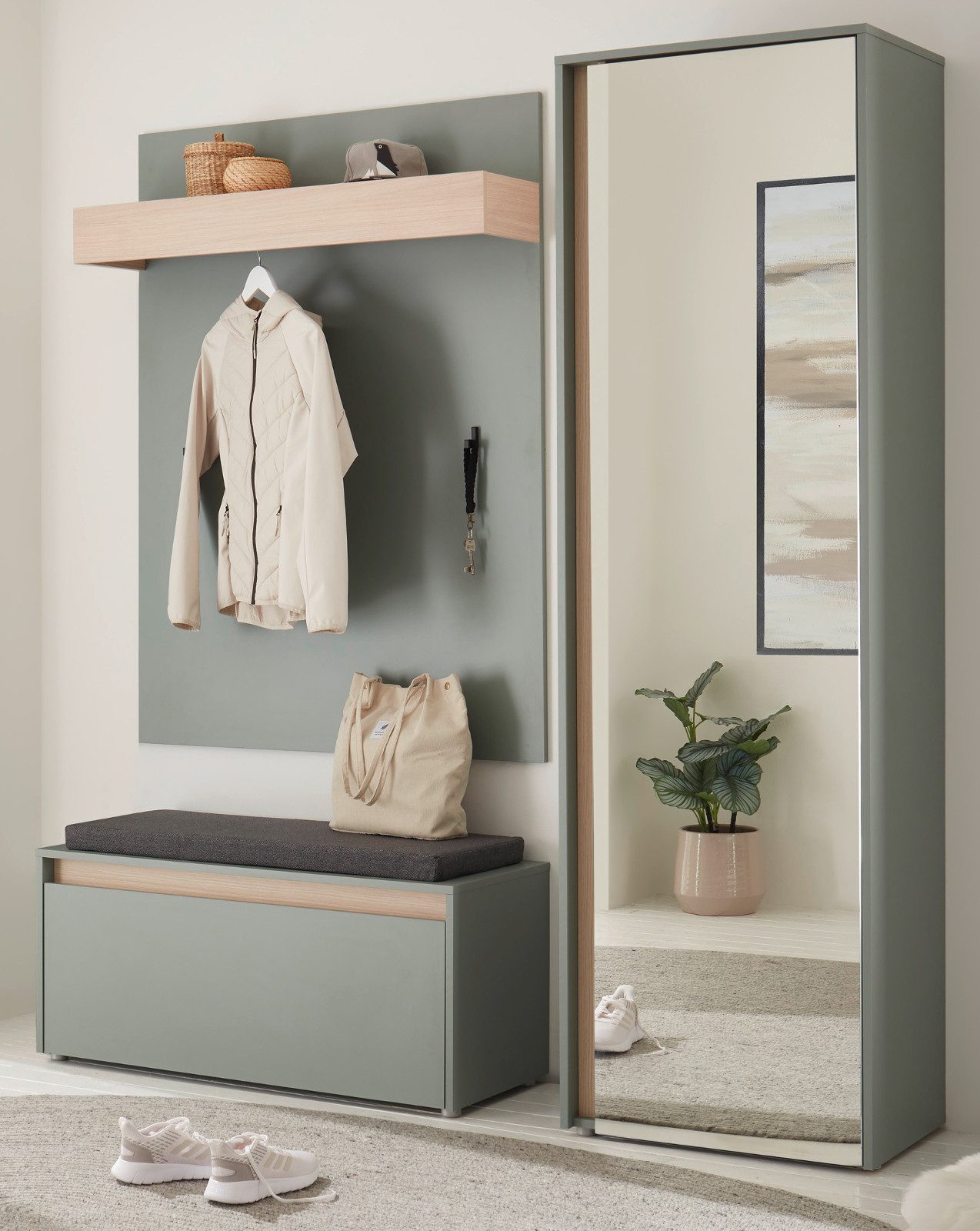 Furn.Design Garderoben-Set Center, (Flurgarderobe in Salbei Grün mit Eiche günstig online kaufen