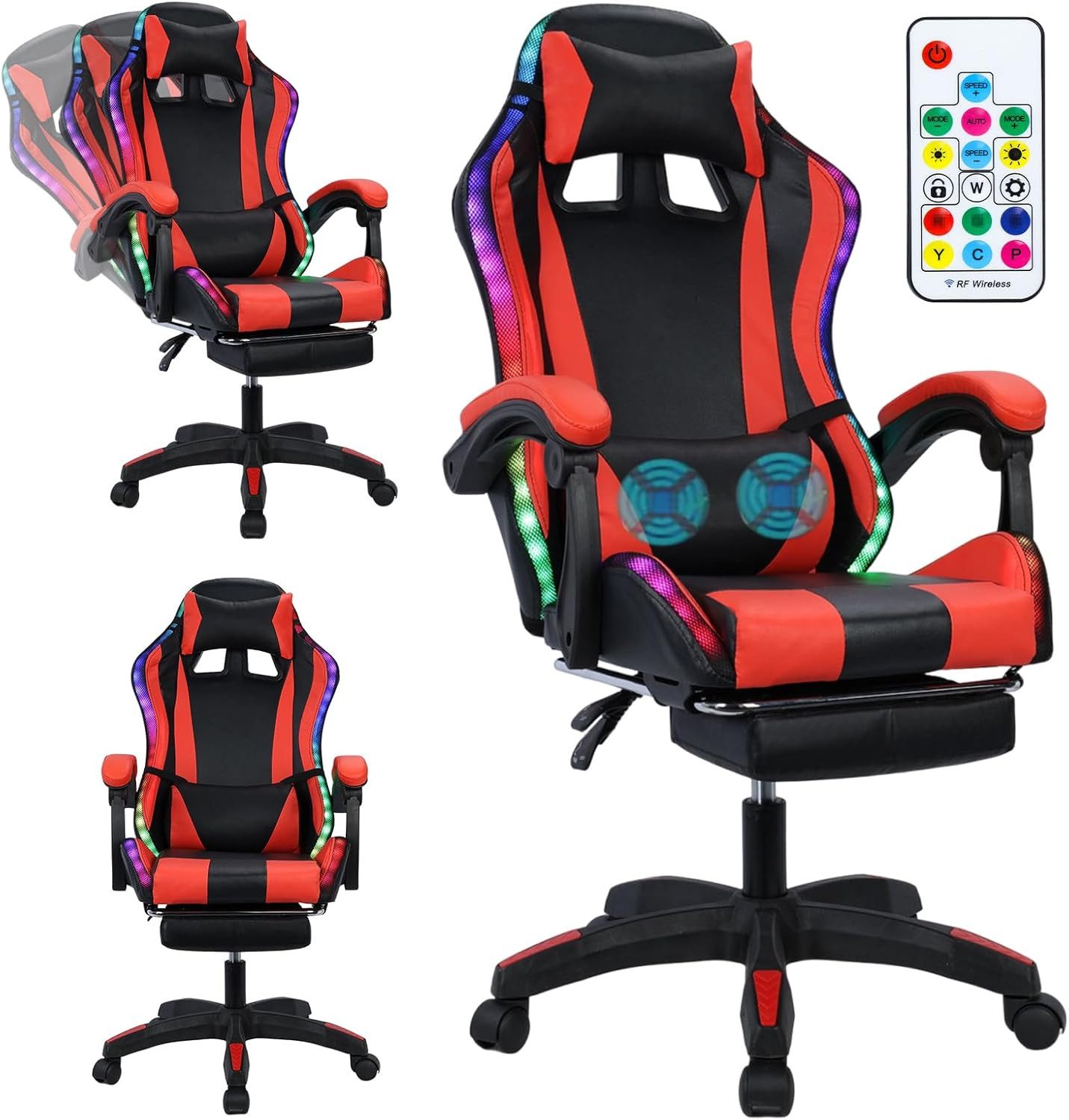 Rutaqian Gaming-Stuhl Ergonomischer Gaming Sessel, Bürostuhl mit Armlehren,Bis 180kg, Gaming Massage Sessel mit LED-Beleuchtung,Kopfstütze und Lendenstütze