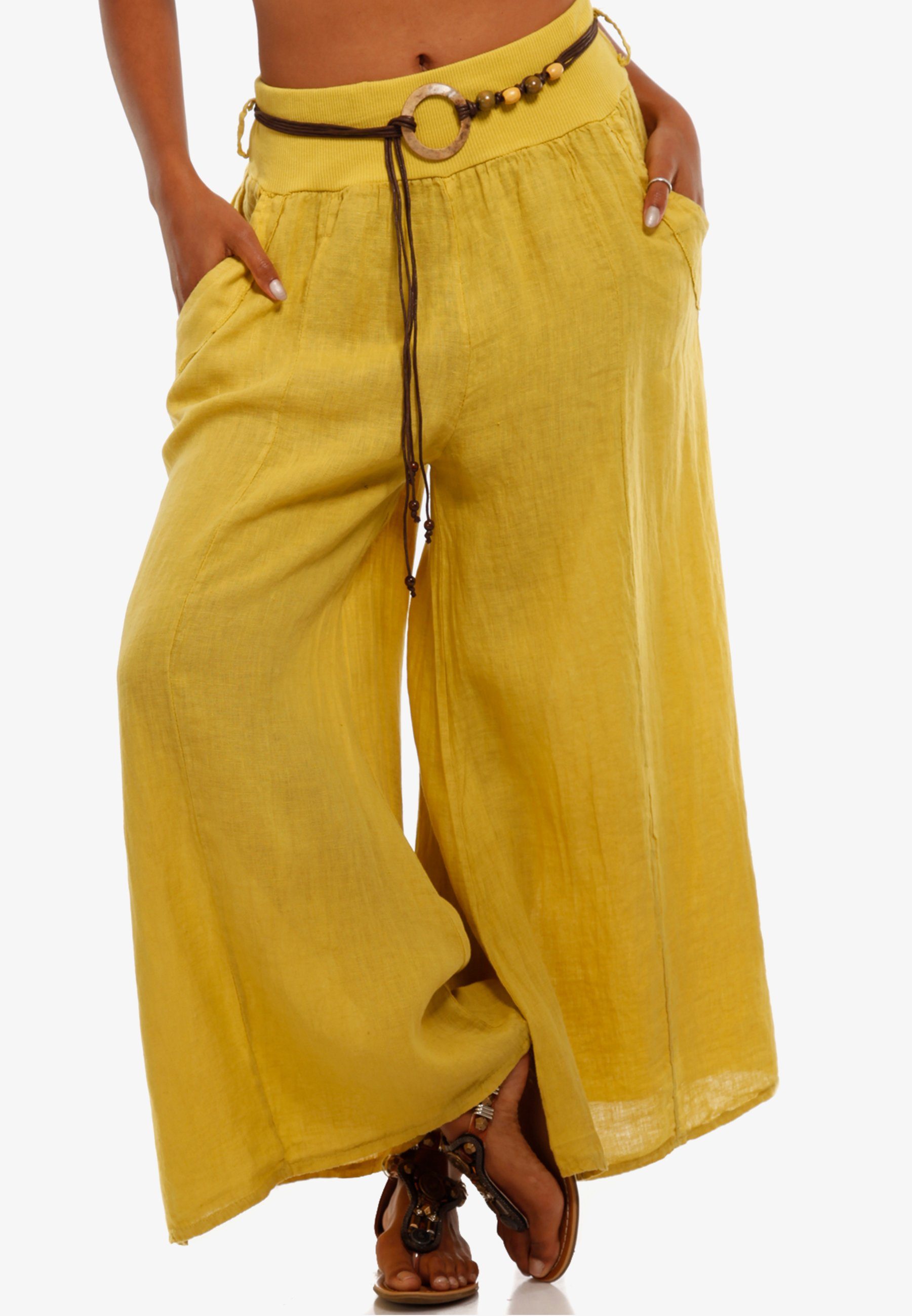 Hosenrock mit Fashion weitem casual, Style Bund & Bein senf Leinenhose (1-tlg) mit Leinenhose elastischem YC
