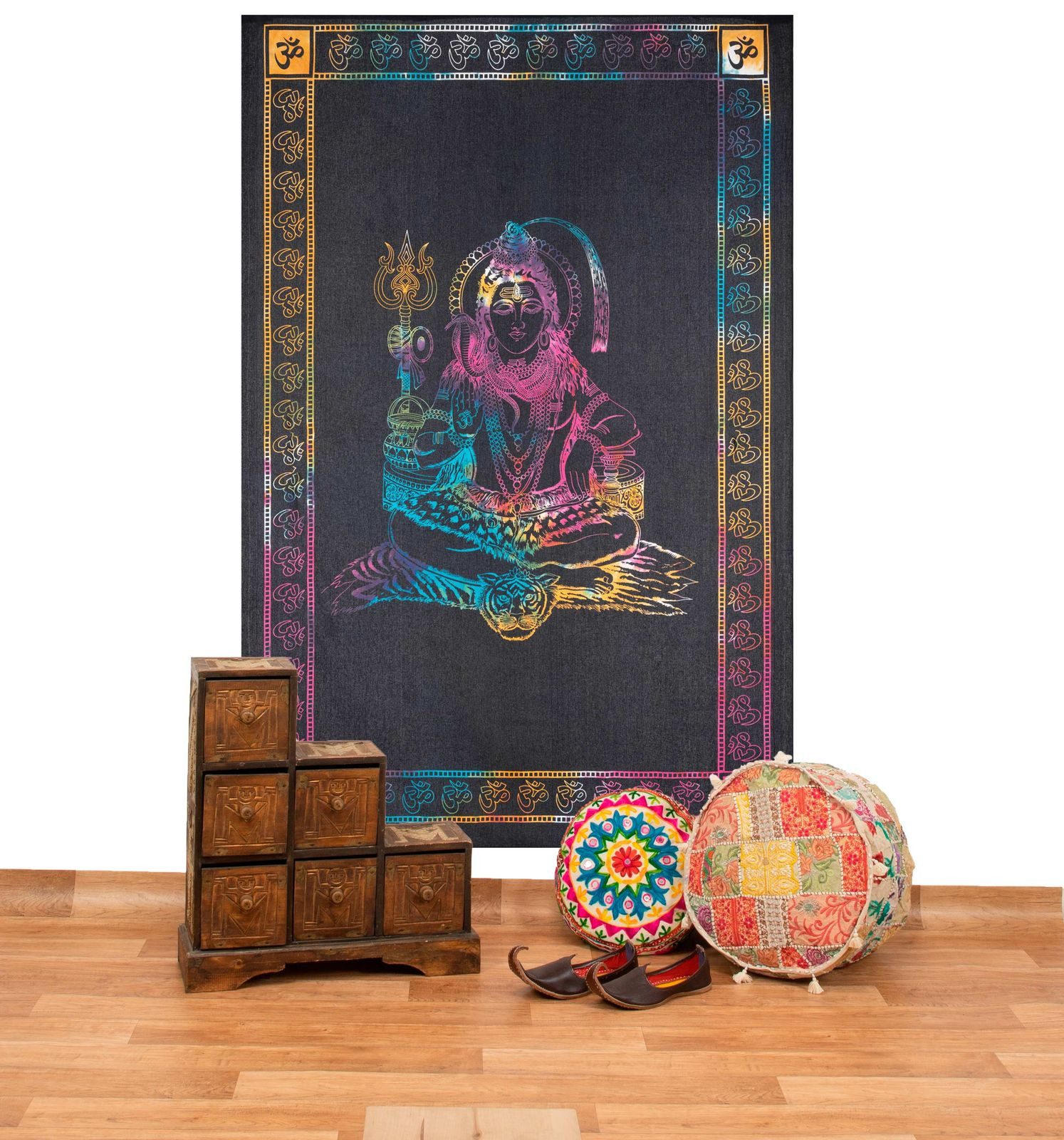 KUNST UND MAGIE Wandteppich Tuch Shiva Tagesdecke Wandbehang Deko UV Schwarzlicht ca. 200x135 cm