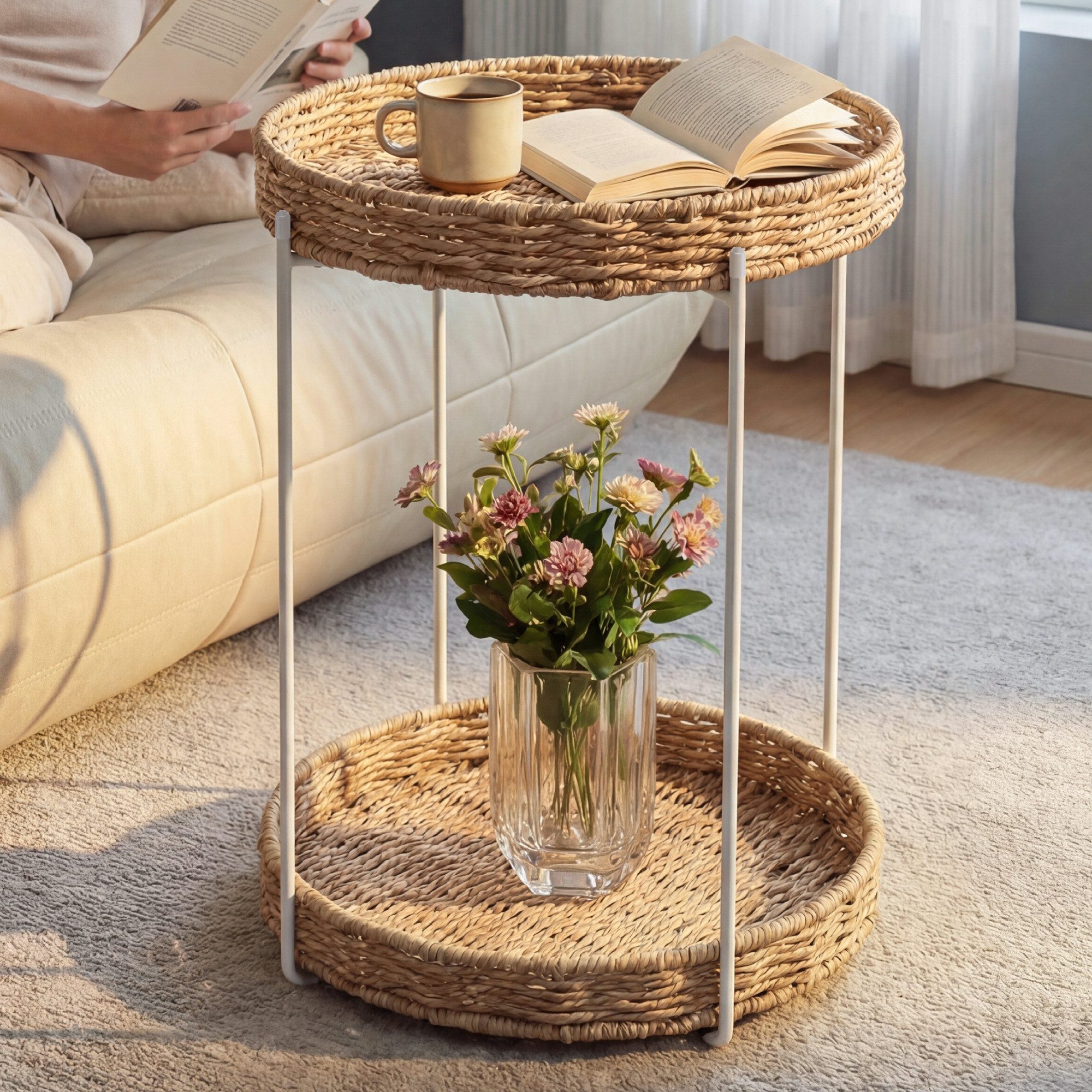 doporro Beistelltisch Couchtisch kleiner Tisch mit 1/2 geflochtenen Ablagen rund Reglo-08, Zwei Materialien zur Auswahl