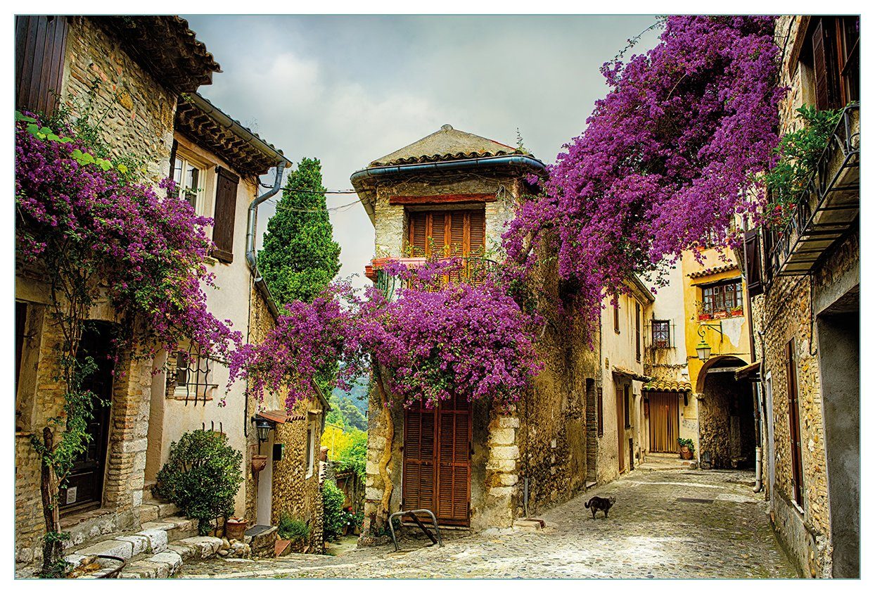 Wallario Küchenrückwand Malerische Stadt in der Provence mit bunten Blumen, (1-tlg)