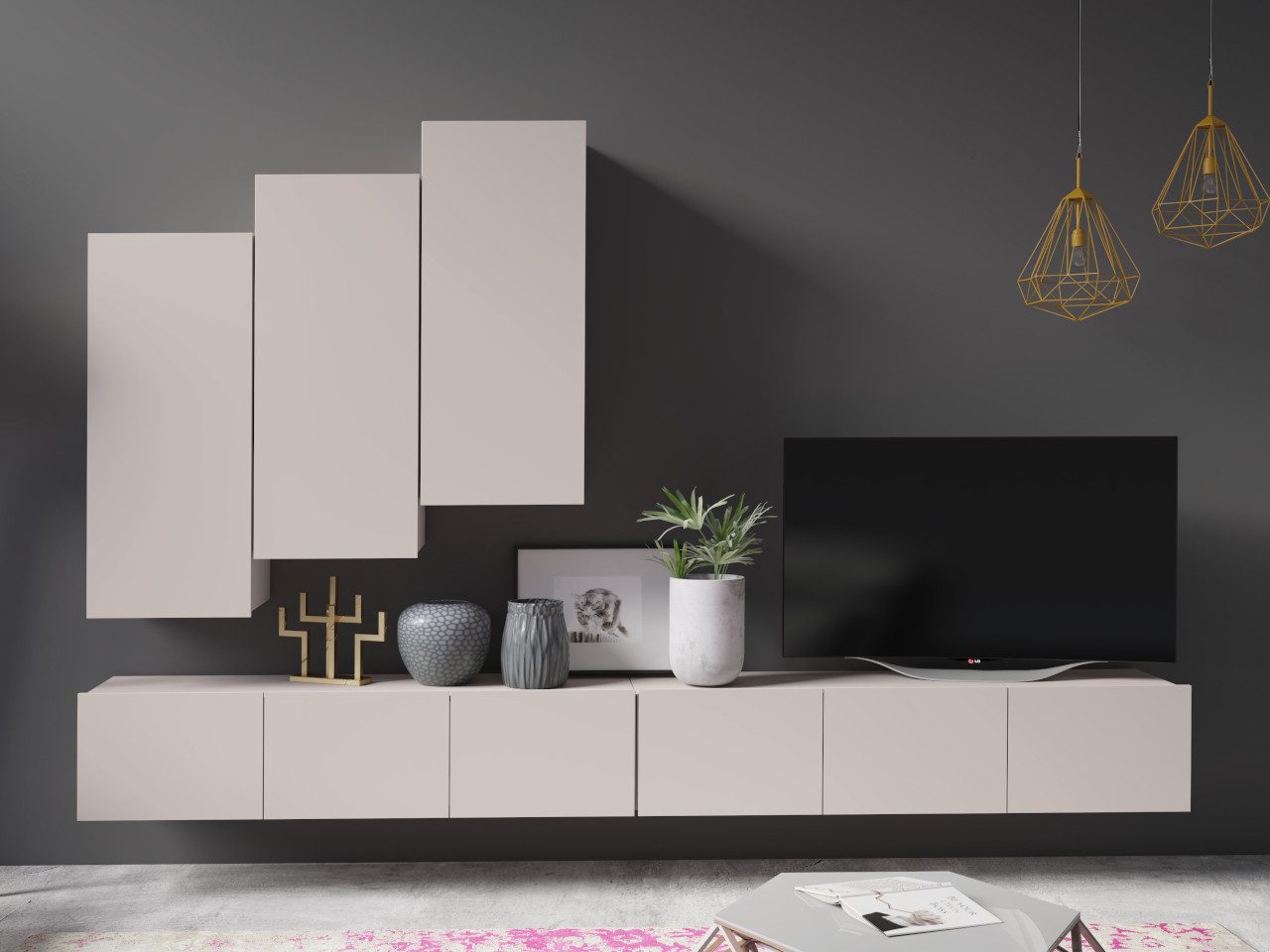 MOEBLINE Wohnwand Medienwand CABRIA 14 kaschmir 5 tlg TV-Lowboard Hängeschränke