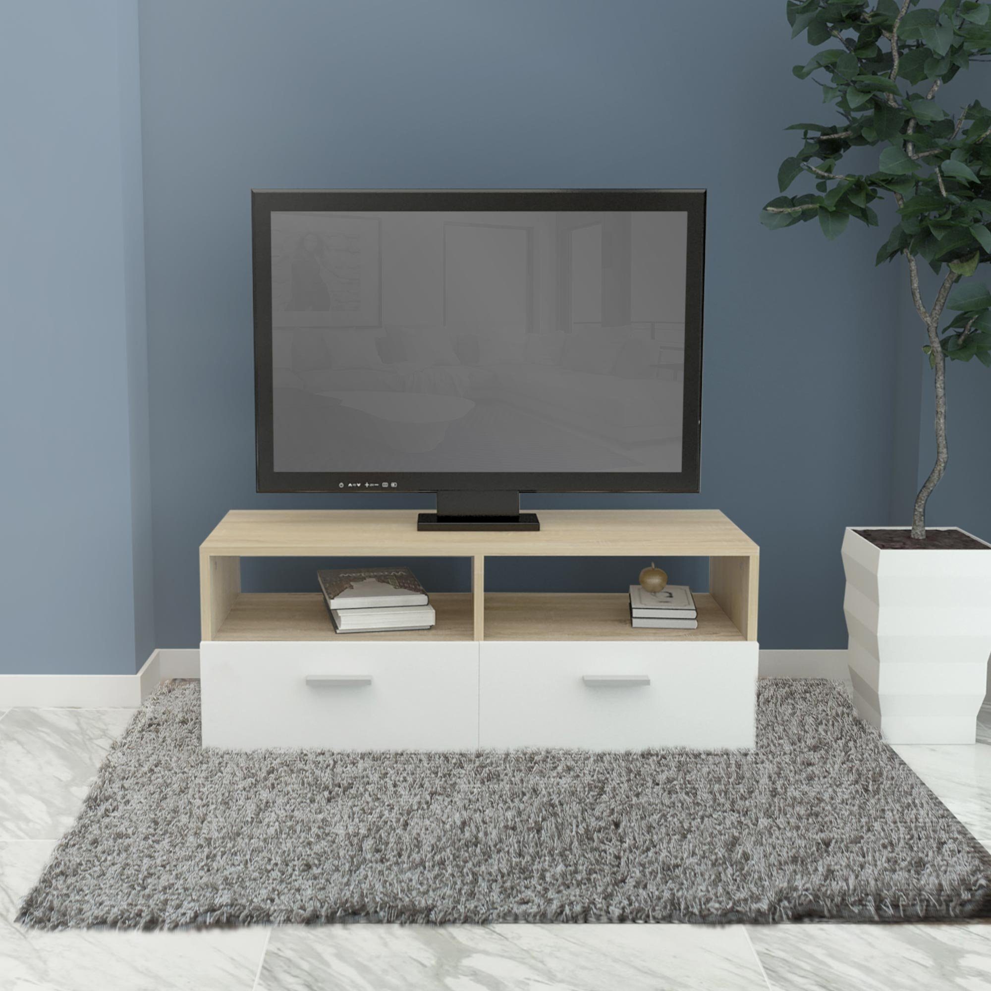 aus Wohnzimmer, Braun, Fächern 2 Holz, Weiß TV-Lowboard für ML-DESIGN mit Stauraum und mit offenen Klapptüren 2 Modernes TV-Board Sideboard