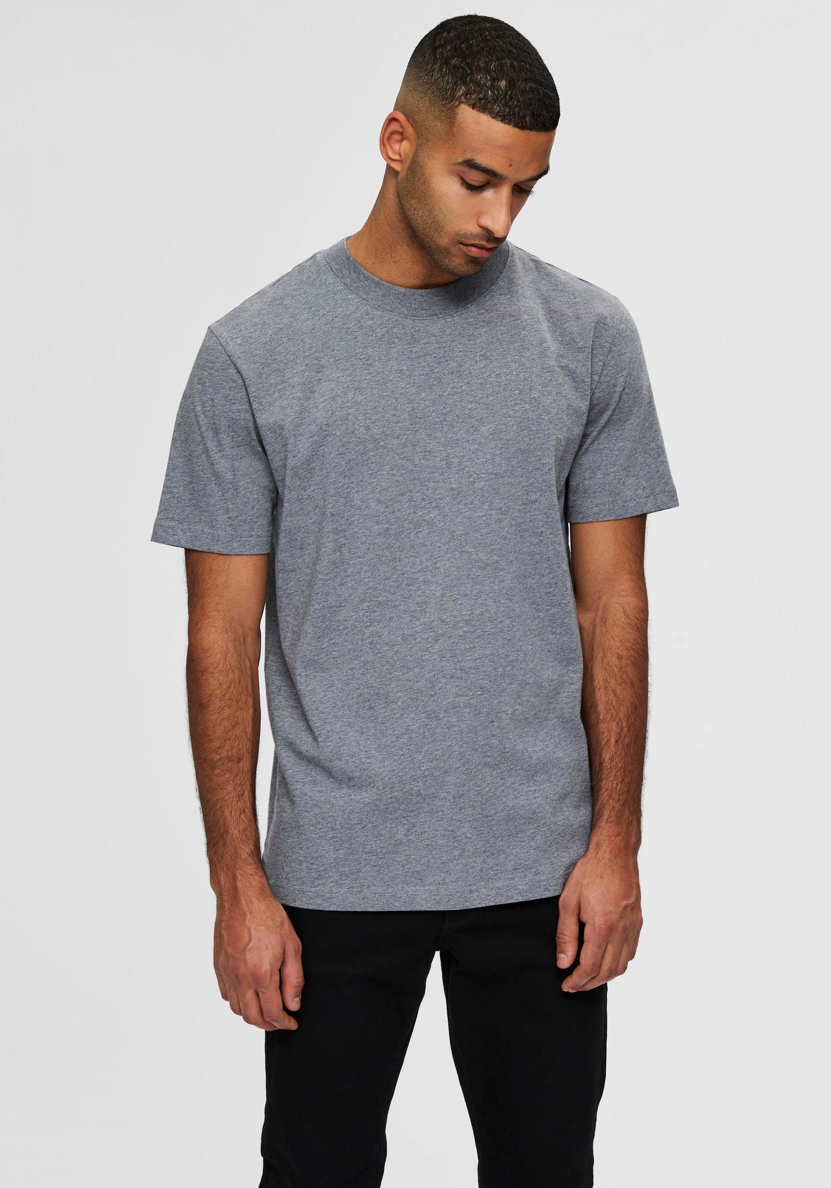 Medium HOMME Melange SE Rundhalsshirt SELECTED Grey T-Shirt