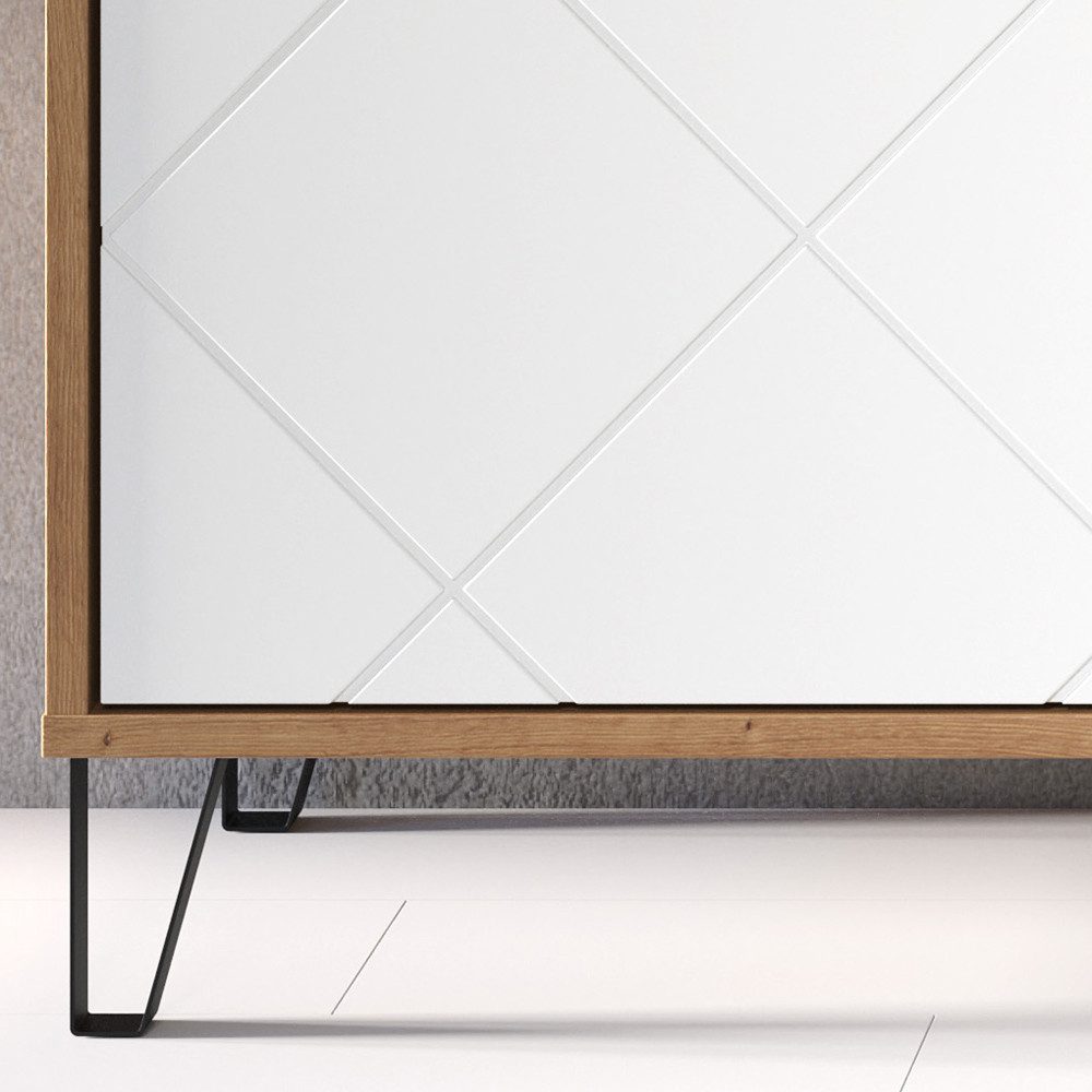 Lomadox Lowboard TORINO-19, TV in Artisan Eiche Nb. mit weiß matt mit Metallfüßen 123/56/40 cm