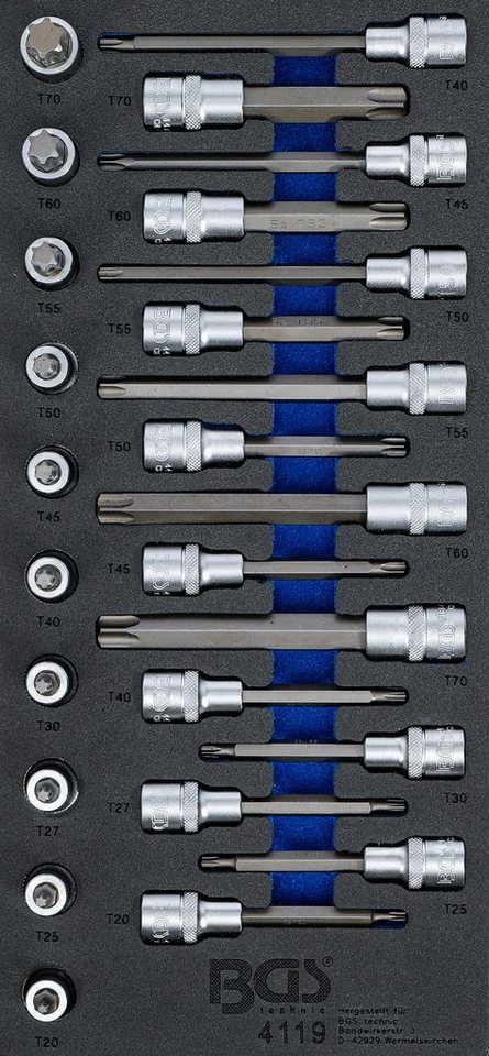 BGS technic Werkstattwagen Werkstattwageneinlage 1/3: Bit-Einsatz-Satz,  Antrieb Innenvierkant 12,5 mm (1/2), T-Profil (für Torx),