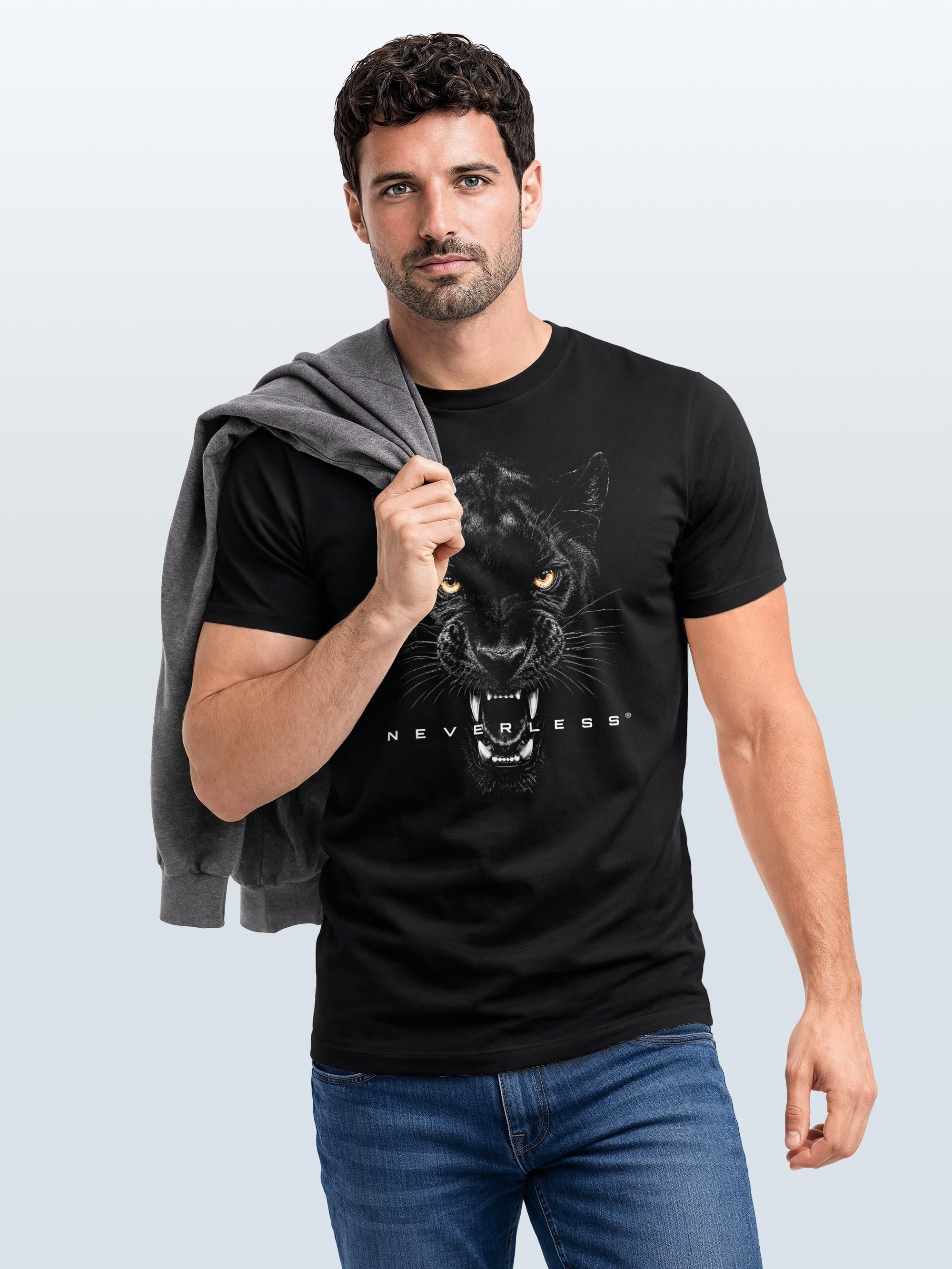 Neverless Print-Shirt Herren T-Shirt Frontprint - Panther - Baumwollshirt Männer Fashion mit Print – Bild 5 von 5