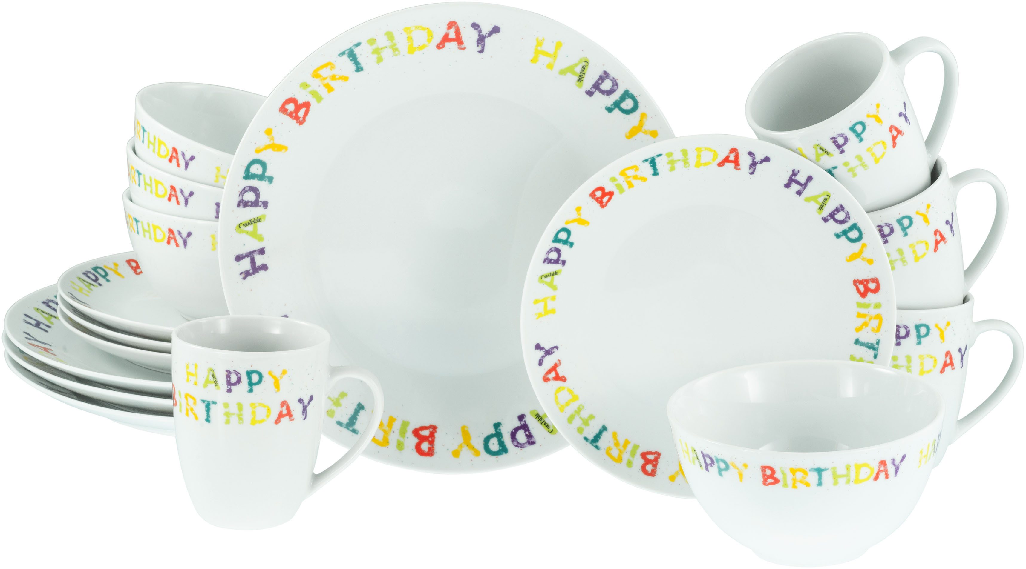 CreaTable Kombiservice Happy Birthday, Kombi-Service 16-tlg. (16-tlg), 4 Personen, Porzellan, Fröhliches buntes Geschirr, Für alle Geburtstagsfeierlichkeiten