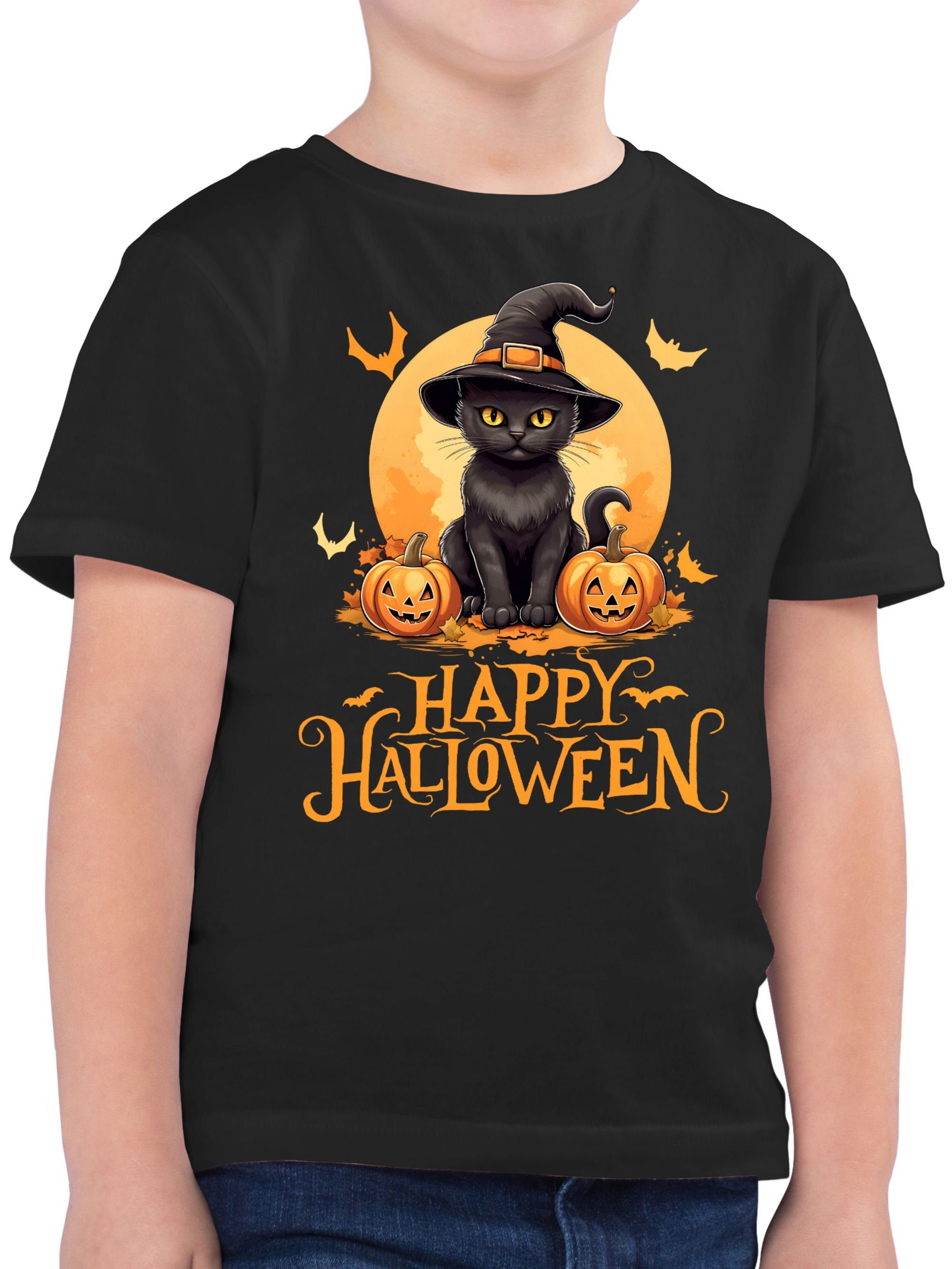 Shirtracer T-Shirt Happy Halloween Katze Hexenhut Lustig Katzenliebhaber Cat Halloween Kostüme für Kinder Jungs 01 Schwarz | T-Shirts