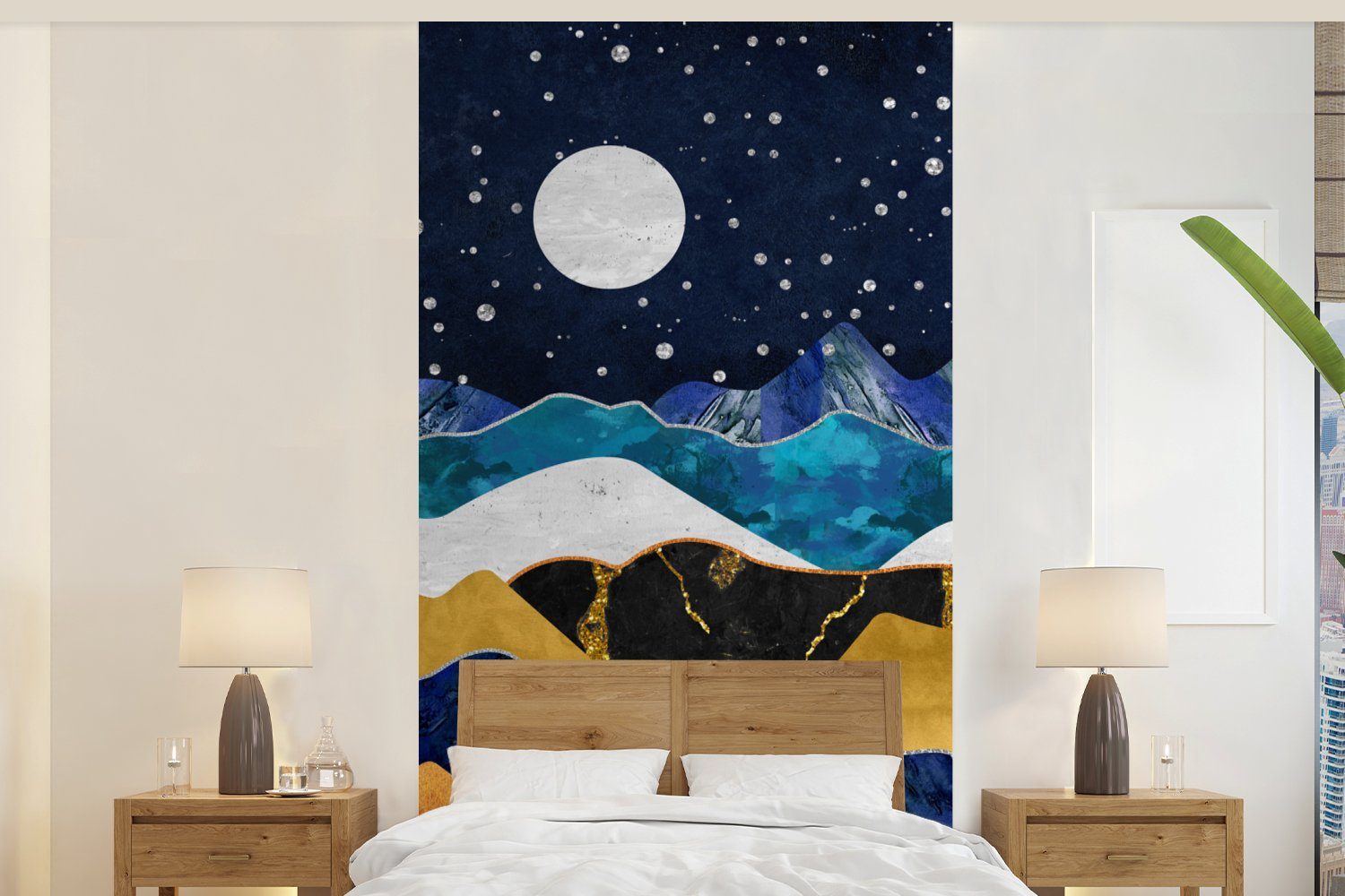 MuchoWow Fototapete Nacht - Gold - Marmor - Abstrakt - Landschaft - Berg, Matt, bedruckt, (2 St), Vliestapete für Wohnzimmer Schlafzimmer Küche, Fototapete