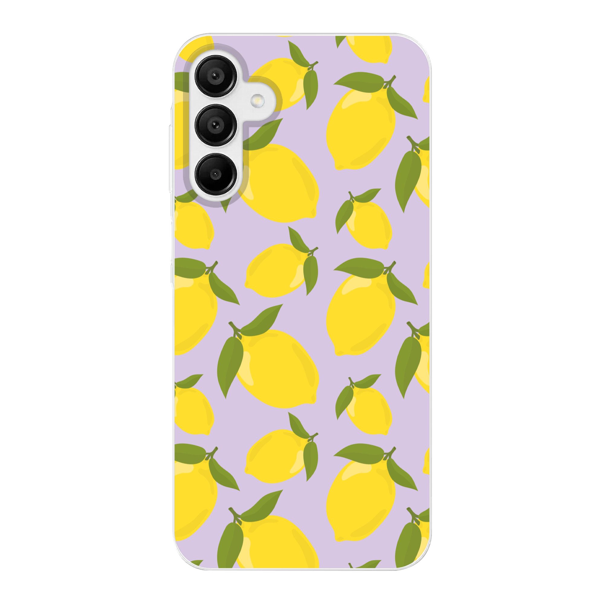 MuchoWow Handyhülle für Samsung Galaxy A15 Muster Zitronen - Gelb - Lila - Muster - Frücht, Smartphone-Bumper, Print, Handy Schutzhülle Dünn