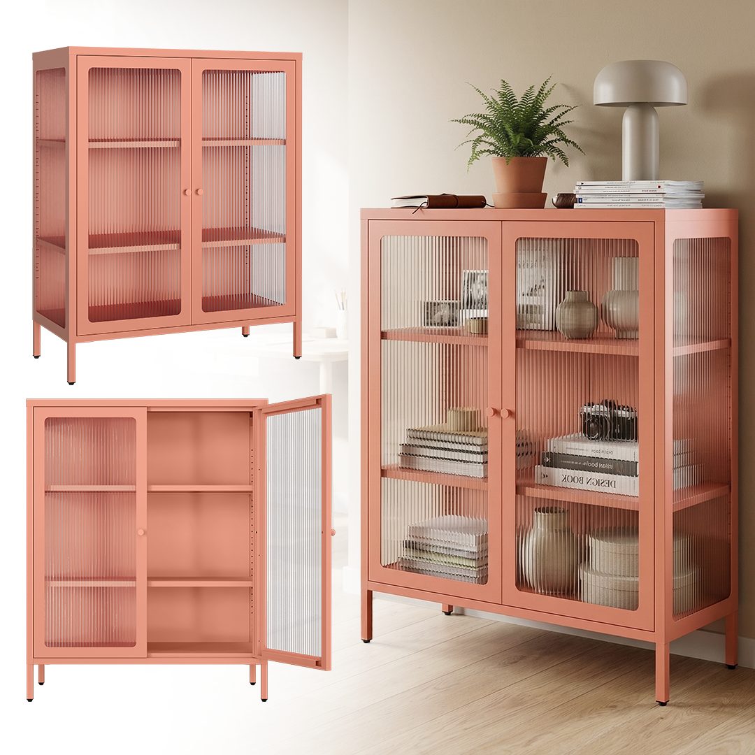 skølm Highboard Norns Vitrinenschrank mit Glastüren (terrakotta, bis 80 kg belastbar, kratzfest), Metallkommode mit verstellbaren Fächern, Sideboard 100x38x80 cm