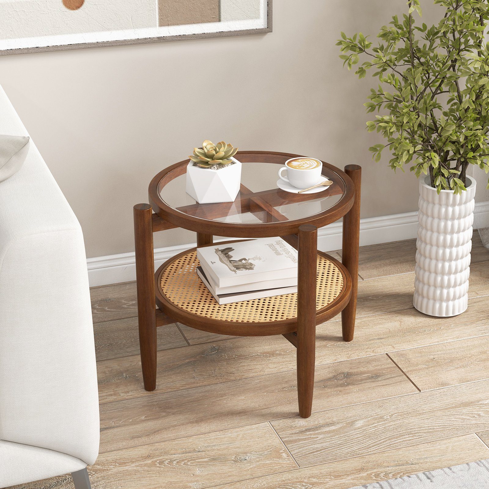 COSTWAY Beistelltisch, gehärtete Glasplatte, mit Rattan Ablage, rund 56x56c günstig online kaufen