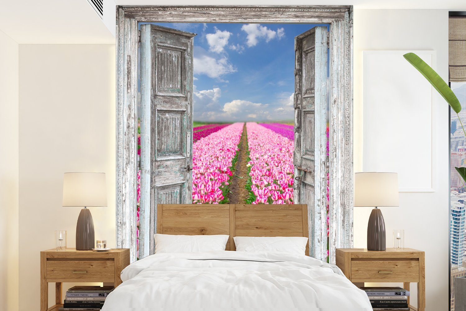 MuchoWow Fototapete Blumen - Tulpen - Ansicht - Regenbogen, Matt, bedruckt, (4 St), Montagefertig Vinyl Tapete für Wohnzimmer, Wandtapete