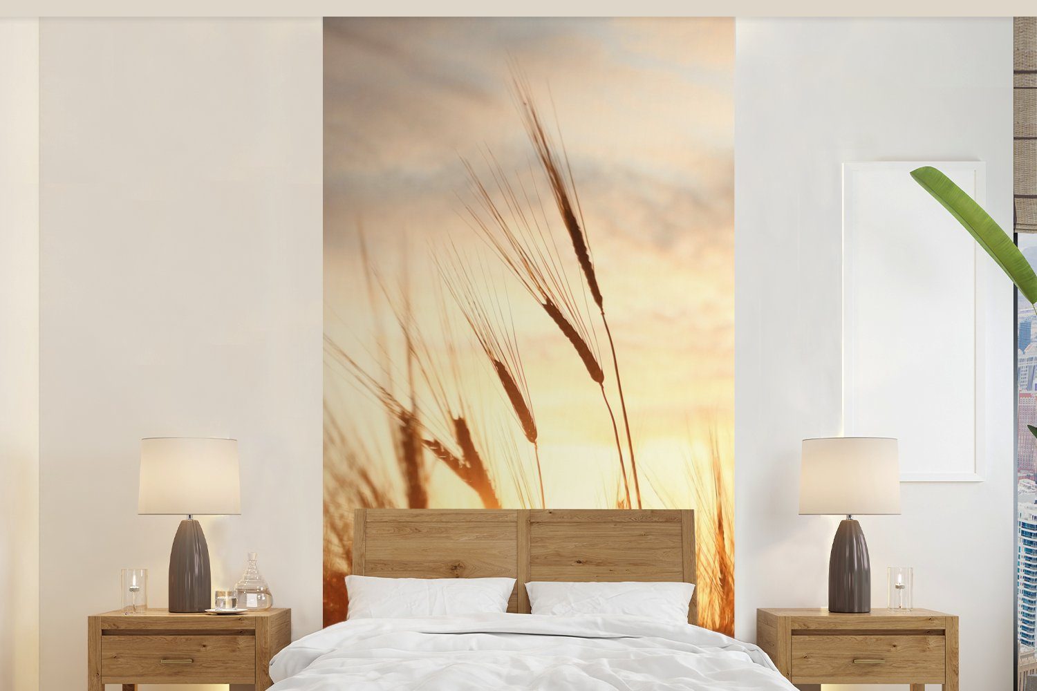 MuchoWow Fototapete Schilf - Gras - Sonnenuntergang - Natur - Horizont, Matt, bedruckt, (2 St), Vliestapete für Wohnzimmer Schlafzimmer Küche, Fototapete