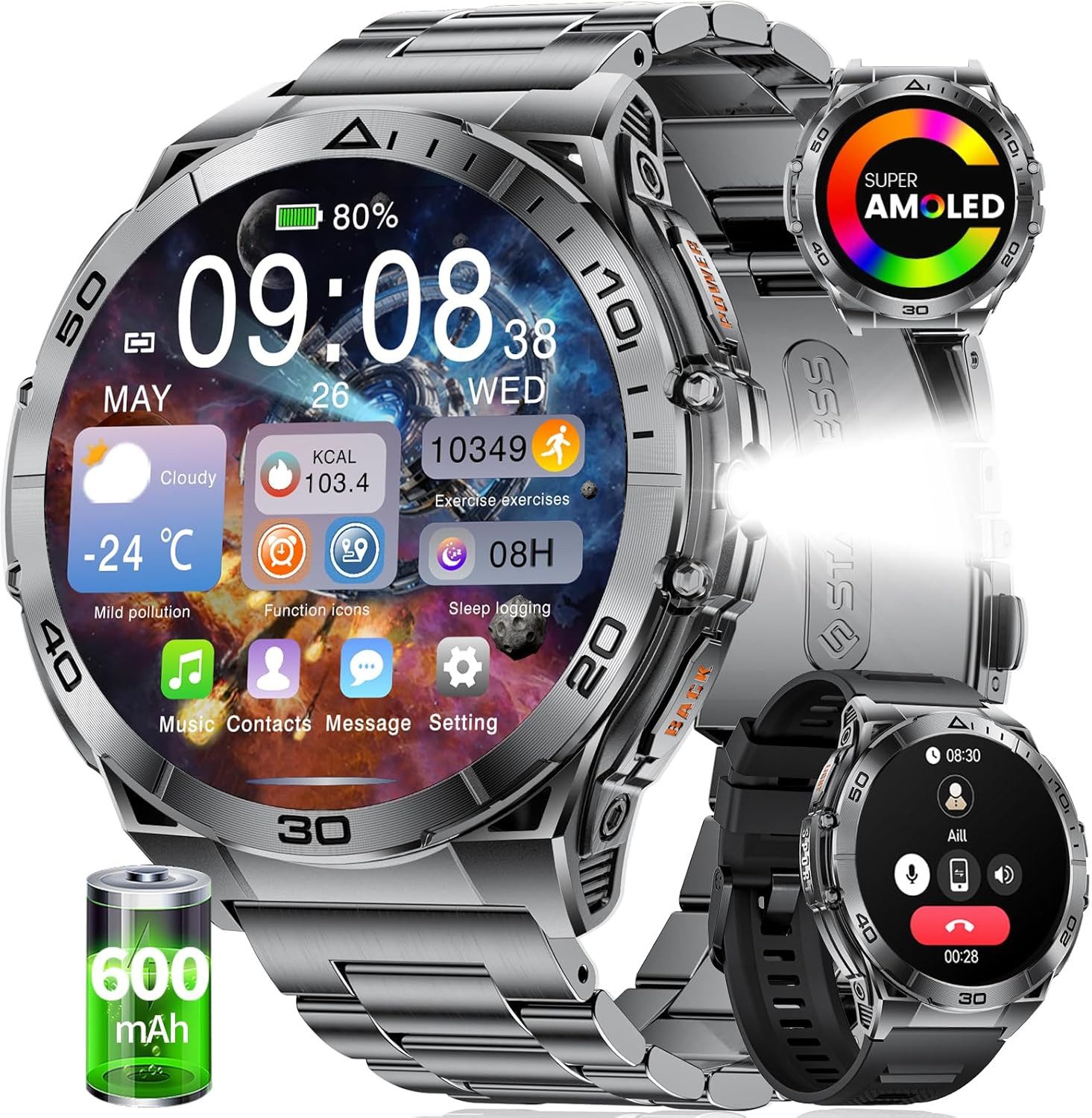 Lige EF16-B Smartwatch (4 cm, android ios), Smartwatch Herren mit Telefonfunktion AMOLED Display Fitness Uhr