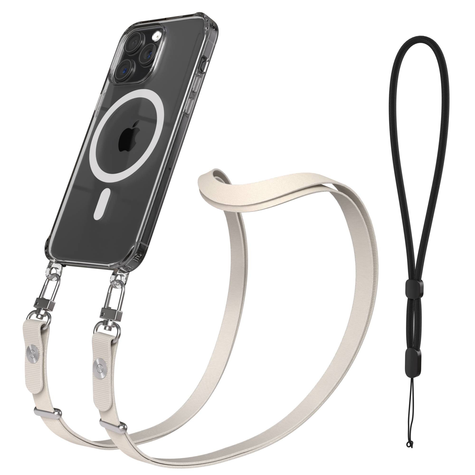 EAZY CASE Handykette für Apple iPhone 15 Pro Max Handyhülle mit Handyband magnetisch, MagSafe Case in Taupe mit Handykette und Länge von 1 bis 1,90 m
