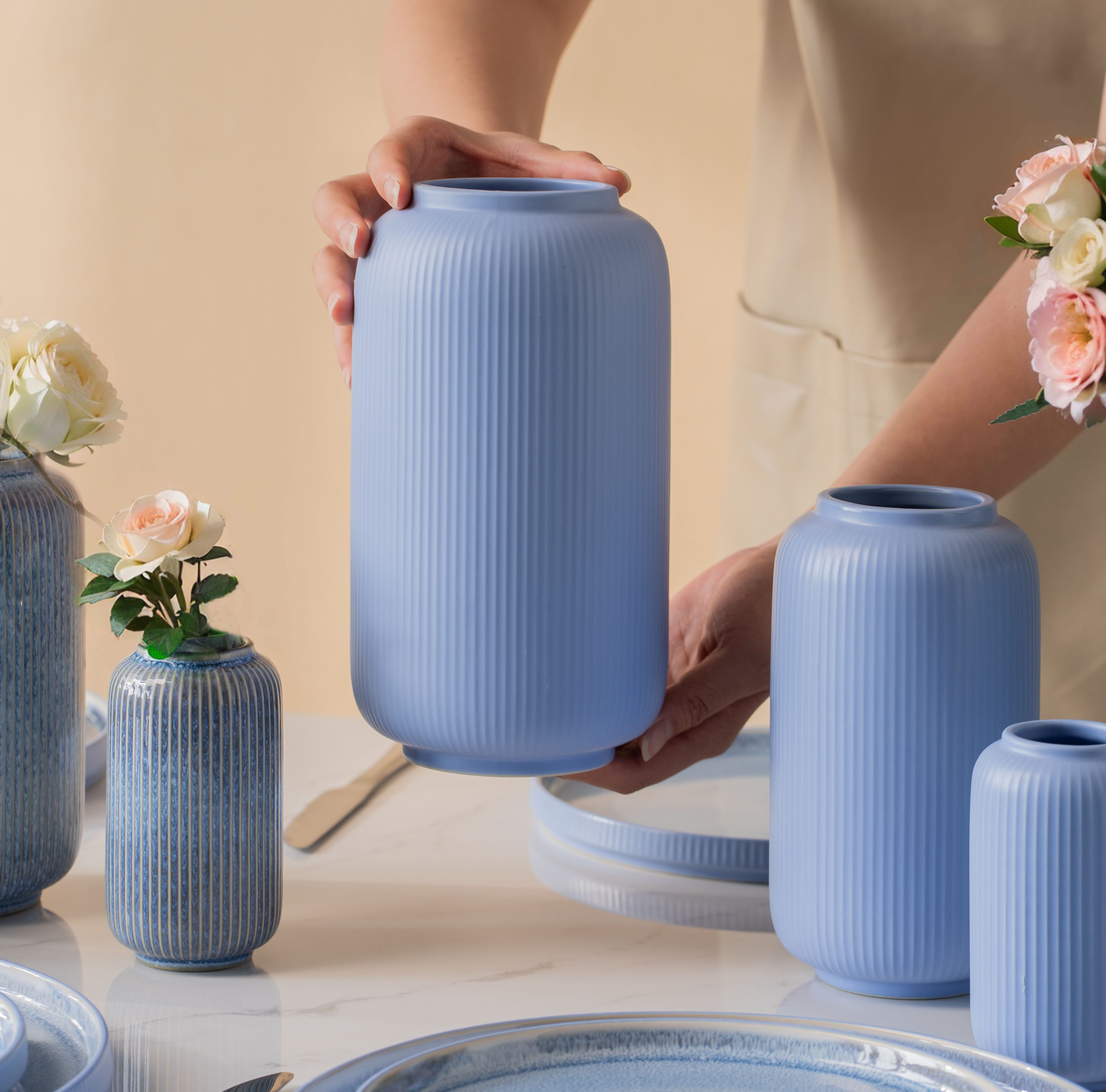 OTTO home Tischvase Ylvii, innen vollständig glasiert und wasserundurchlässig (Set, 3 St., Maße: 12x22cm, 10x18cm und 6,5x12cm, vertikal gerippte Struktur), Vas – Bild 2 von 5