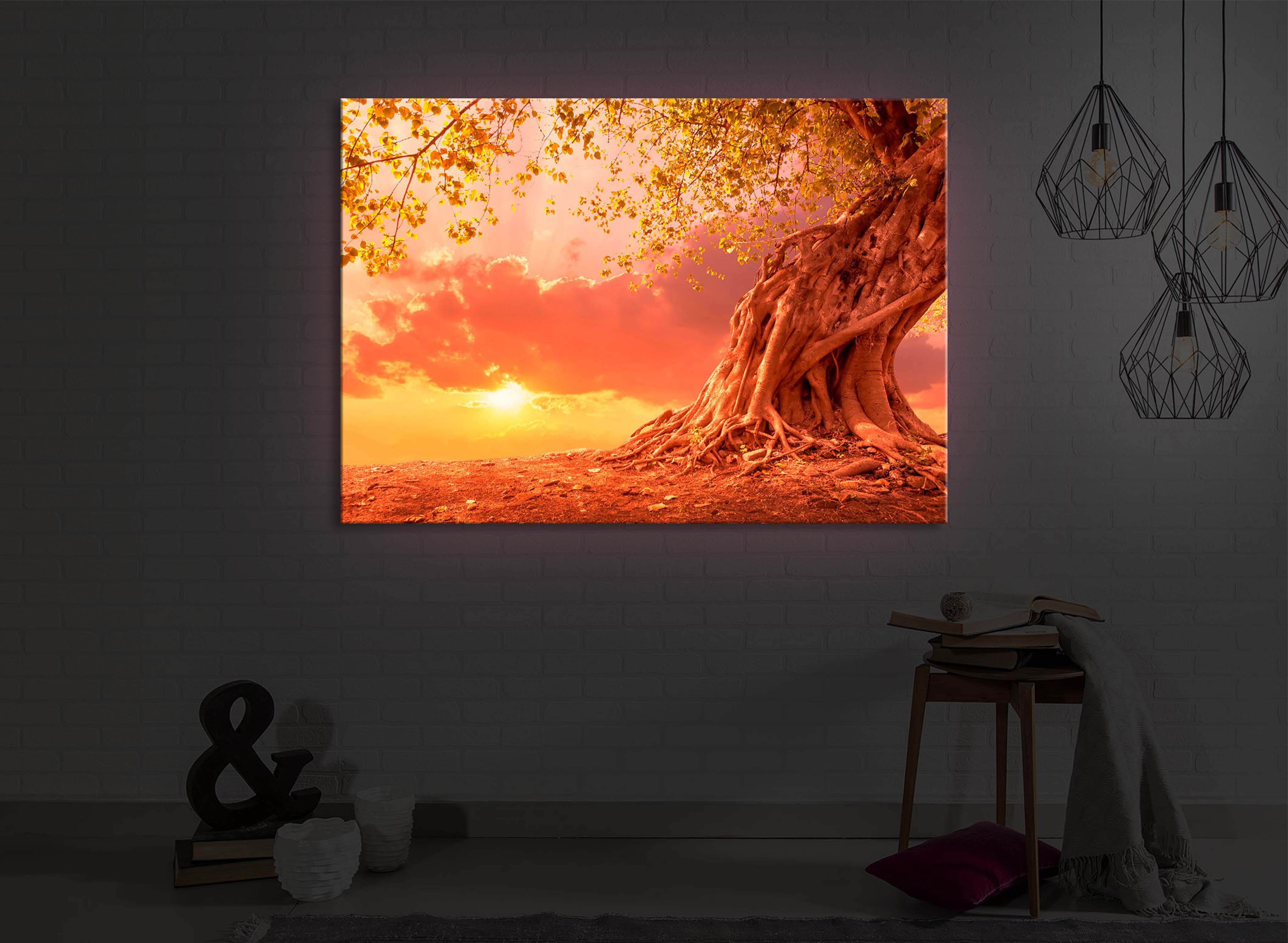 lightbox-multicolor LED-Bild lighted starker Fernbedienung 60x40cm, Sonnenuntergang Verwurzelter Leuchtbild front im Baum mit 