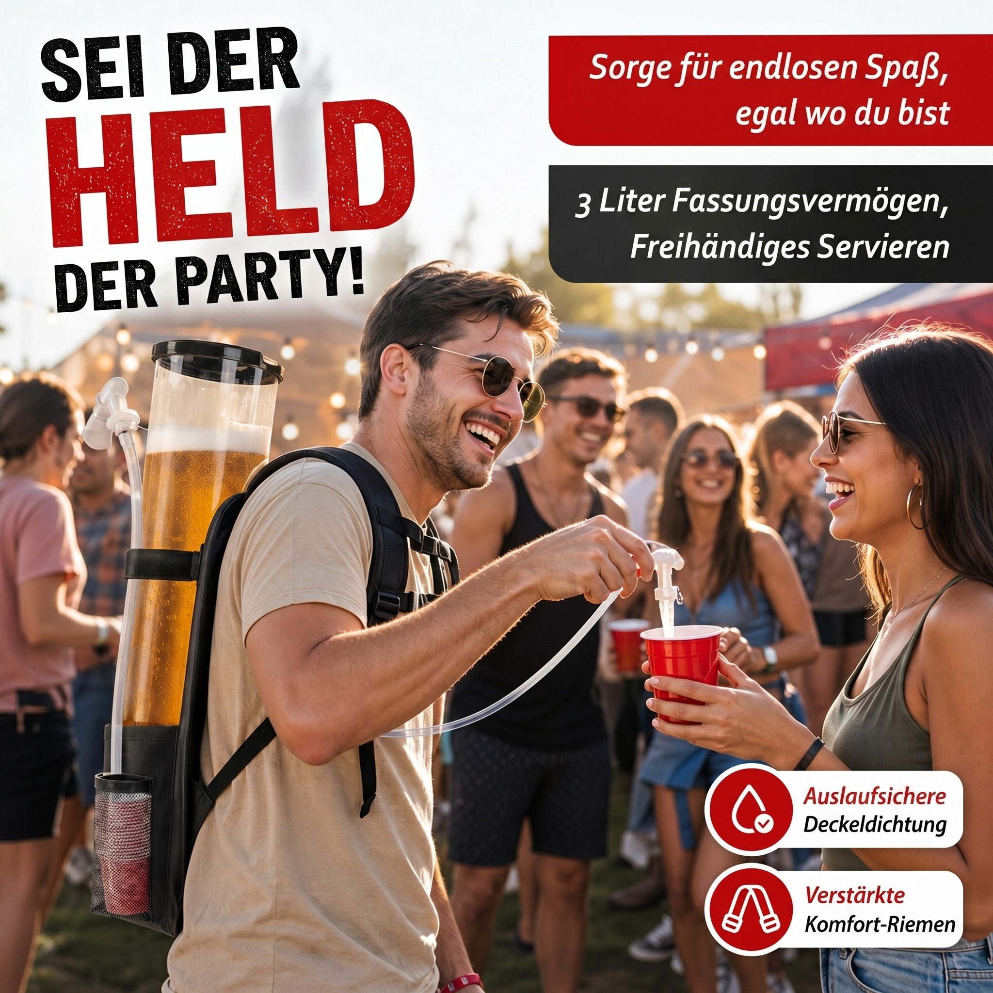 Goods+Gadgets Getränkespender GOODS+GADGETS 3L Bier Spender – Party Getränke Rucksack mit Zapfhahn, Getränkerucksack 1 x 3 Liter