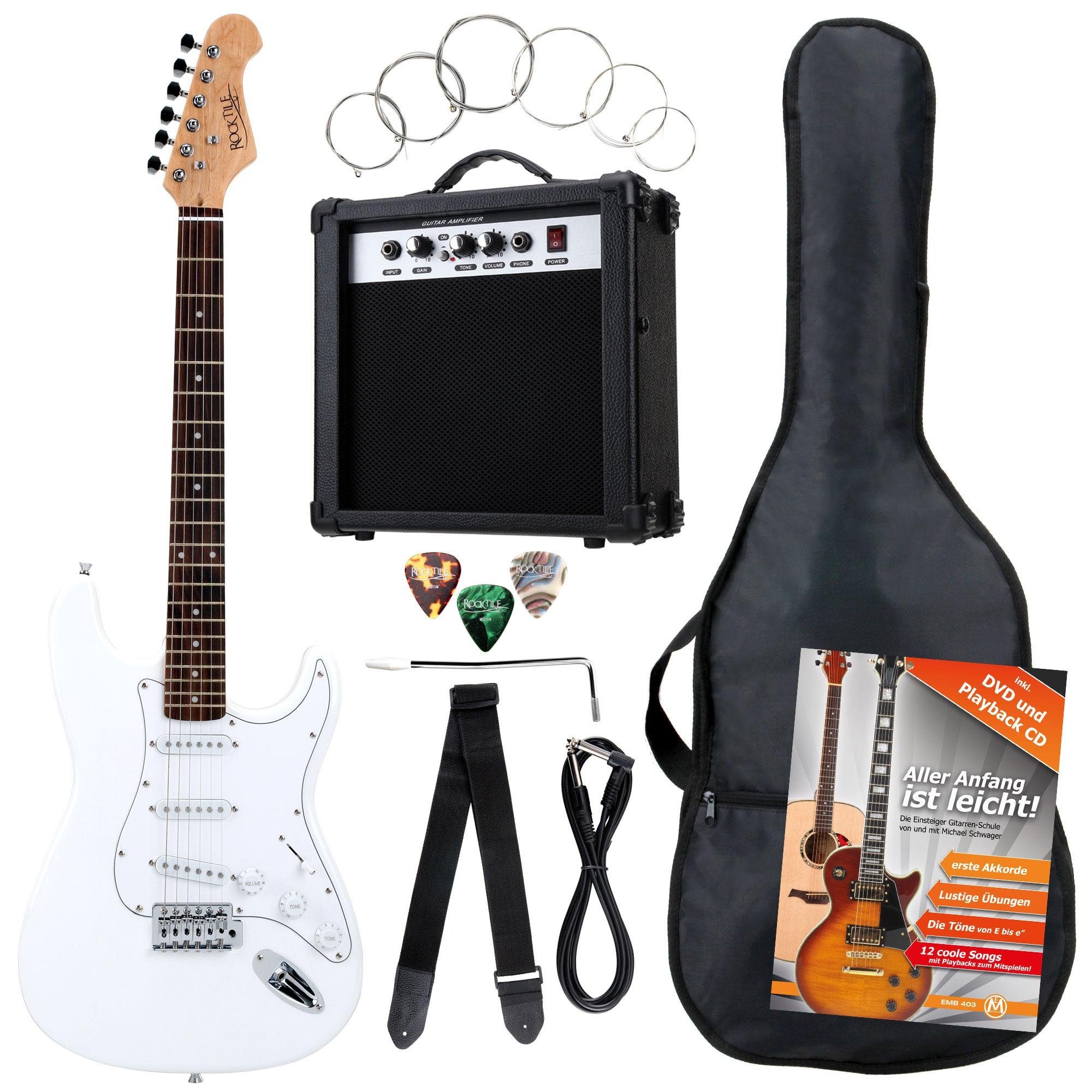 Rocktile E-Gitarre Banger's Pack elektrische Gitarre Komplettset, Banger's Set, inkl. Verstärker, Tasche, Kabel, Gurt, Schule, inkl. Verstärker, Tasche, Kabel, Gurt, Schule