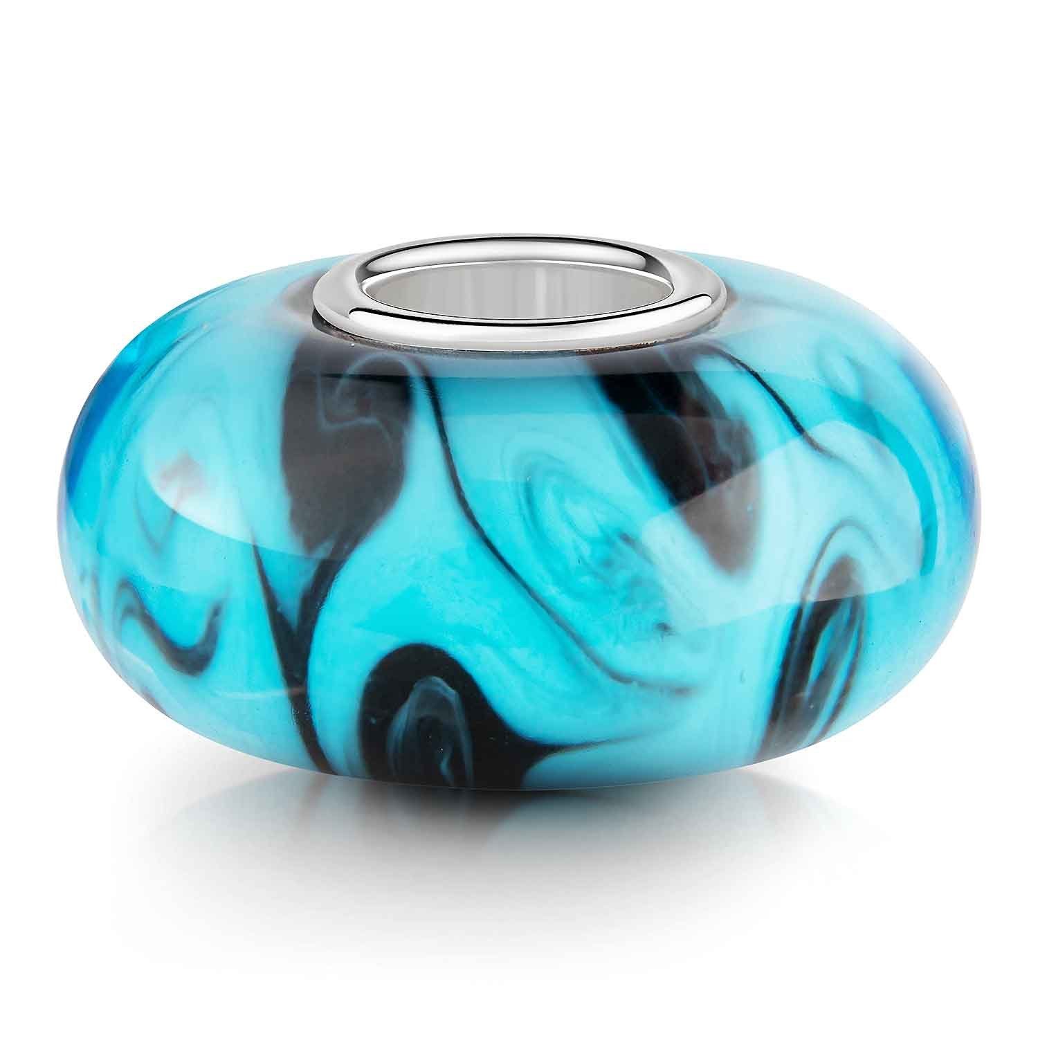 Materia Bead Glasperle gemustert Blau Schwarz abstrakt Hülse 925 Silber 598, Hülse aus 925 Sterling Silber