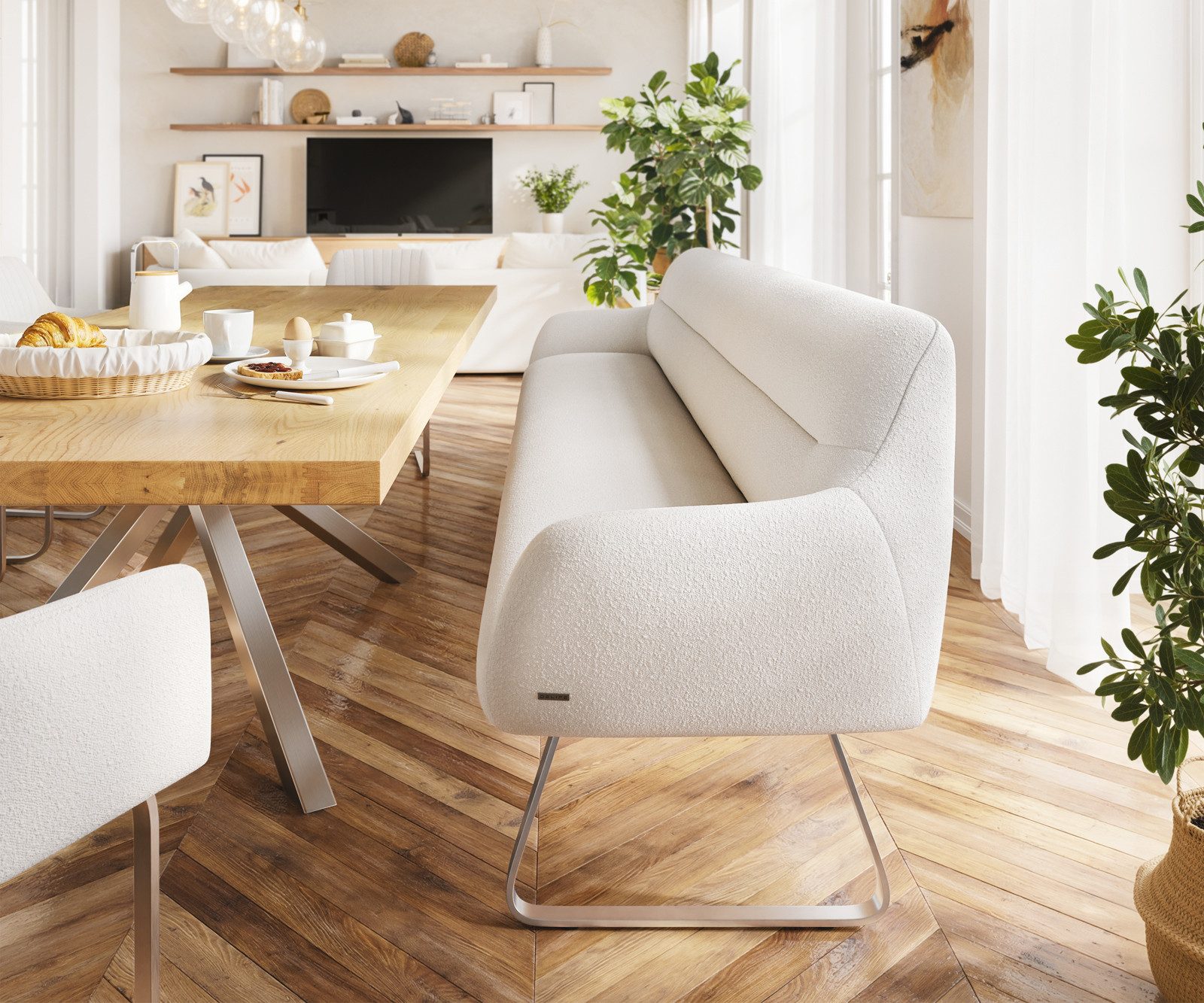DELIFE Essbank Taya-Flex, 300 cm Kufengestell flach Edelstahl Bouclé Creme-Weiß Taschenfederkern