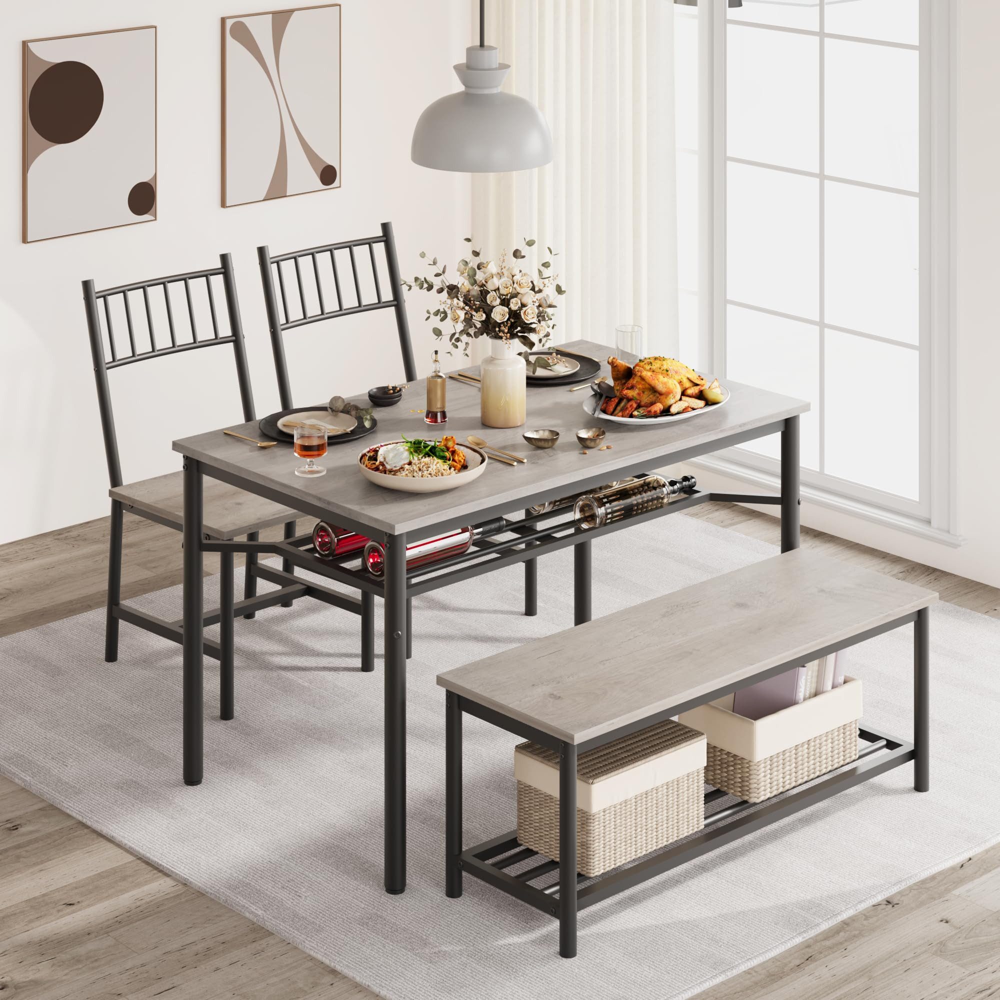 GarveeMore Essgruppe 4 Personen Esstisch Aufbewahrungsbank und 2 Stühlen Sitzgruppe Robust, Tisch: 70 x 120 x 80 cm Stuhl: 39 x 40 x 92 cm Bank: 30 x 105 x 45 cm