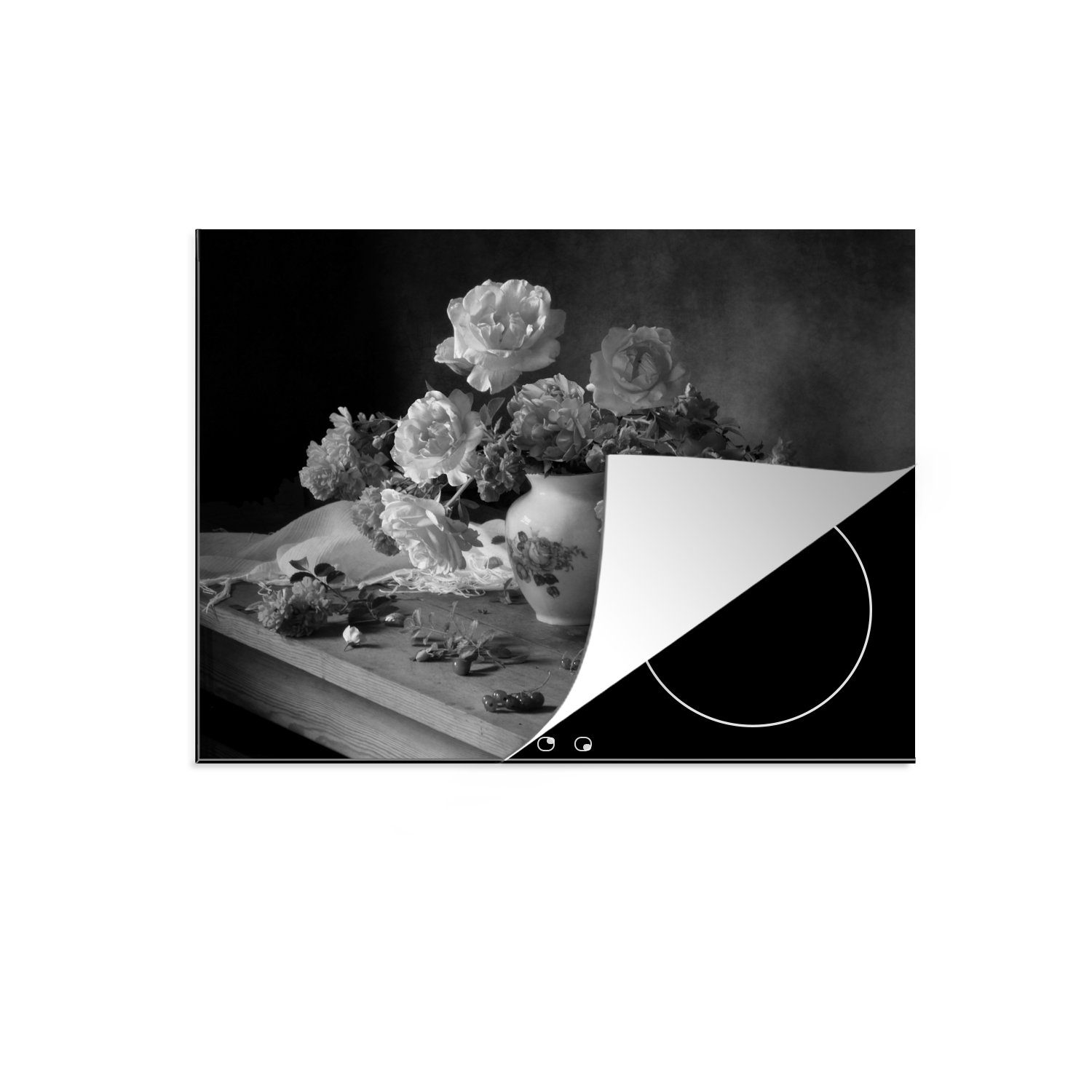 MuchoWow Herdblende-/Abdeckplatte Stilleben - Rosen - Schwarz und weiß, Vinyl, (1 tlg), 71x52 cm, Induktionskochfeld Schutz für die küche, Ceranfeldabdeckung