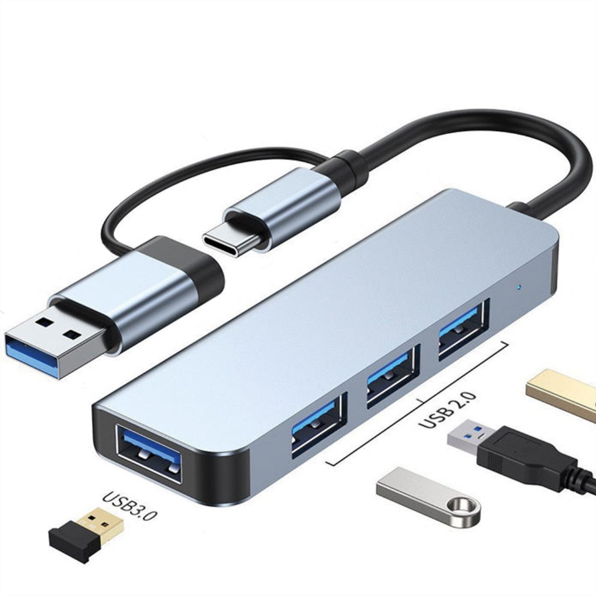 VALUE USB3.2 Gen1 Metall Hub, 4fach Typ A Computer-Adapter USB Typ C (USB-C) Männlich (Stecker) zu USB 3 Typ A Weiblich (Buchse), 10.0 cm, (1x USB 3.2Gen1 + 3x USB 2.0), Typ A+C Anschlusskabel