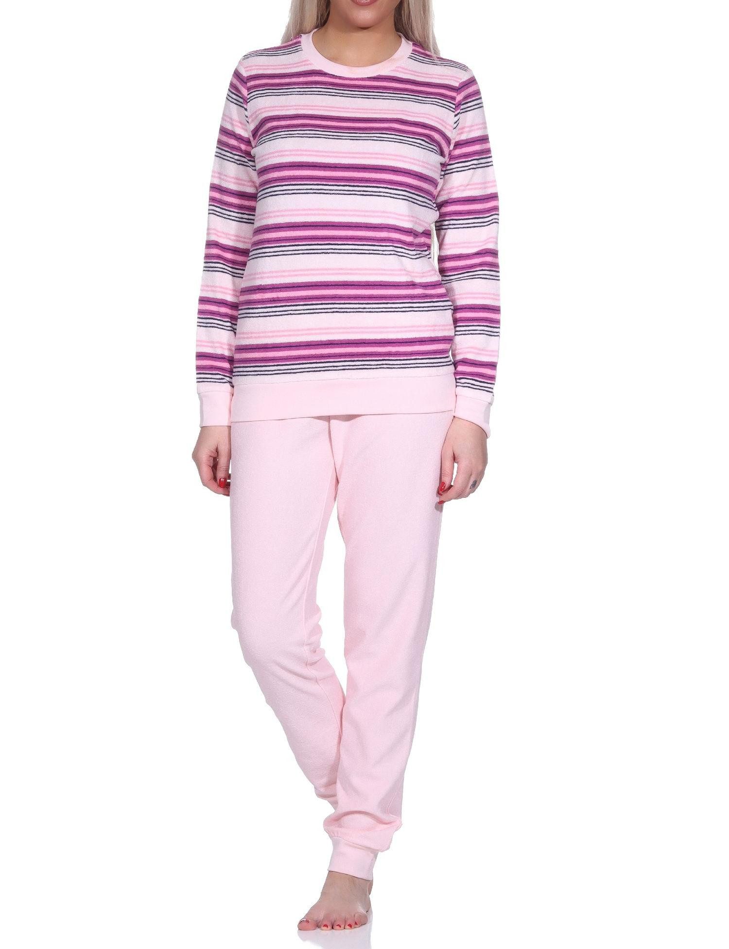 Pyjama Damen Kuschel Frottee Schlafanzug mit Bündchen Streifenoptik